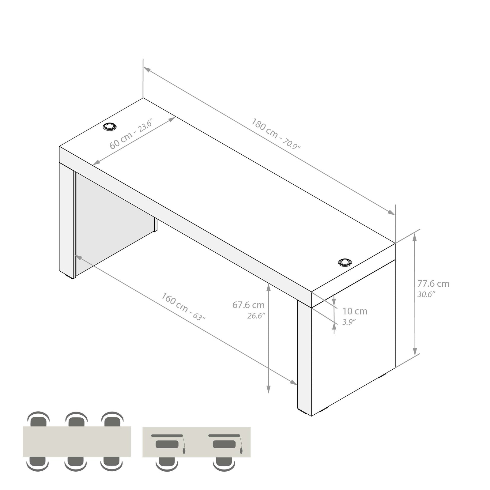 Scrivania Evolution 180x60, Rovere Rustico con Due Gambe e Caricatore Wireless - Immagine tecnica 1