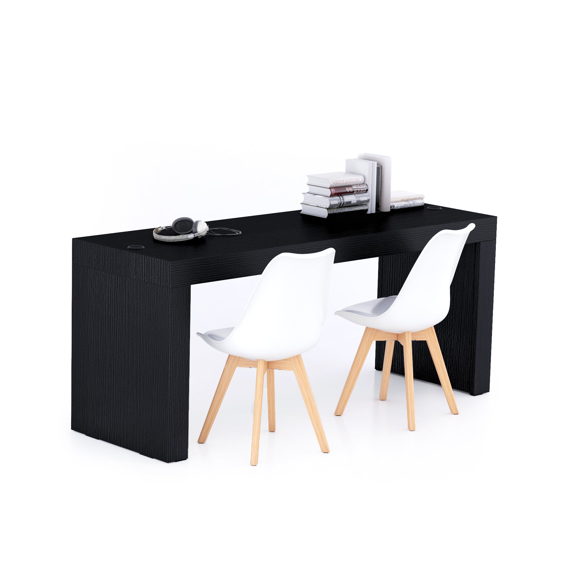 Table de bureau Evolution 180x60, Frêne Noir avec 2 pieds et Chargeur Sans Fil