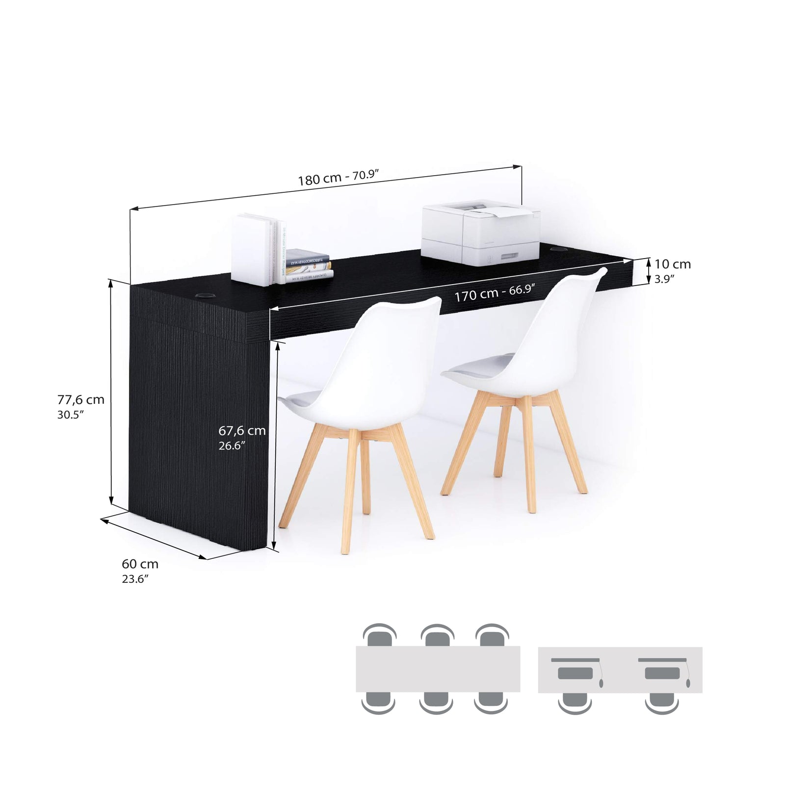 Evolution Desk 180x60 with Wireless Charger, Ashwood Black with One Leg - Immagine tecnica 1