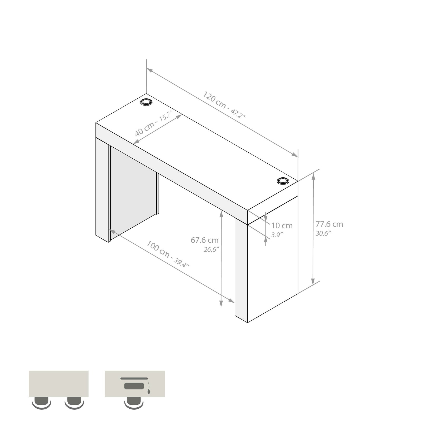 Table de Bureau Evolution 120x40, Noyer Américain avec Deux Pieds et Chargeur sans fil - Immagine tecnica 1
