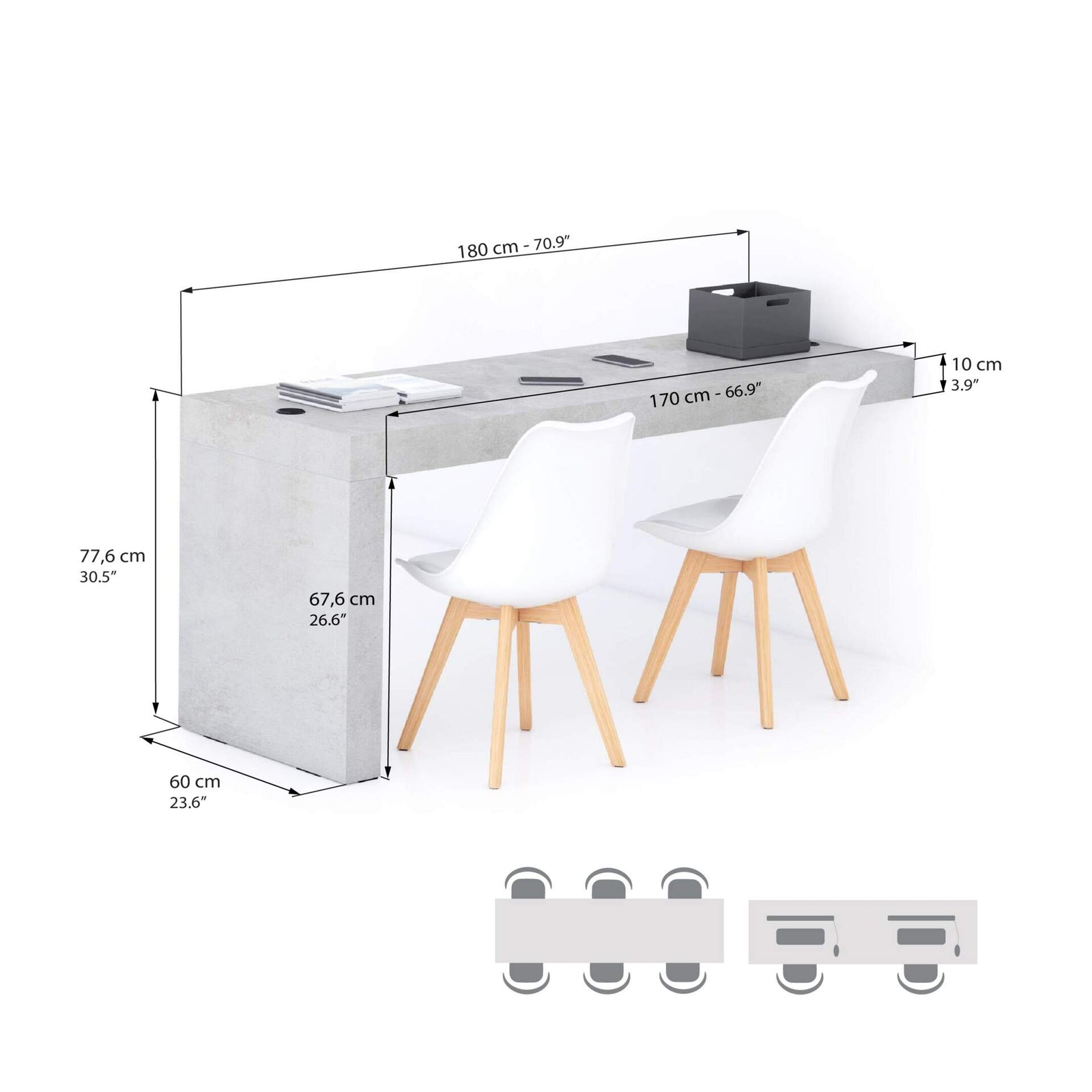 Table de bureau Evolution 180x60, Gris Béton avec 1 pied et Chargeur Sans Fil - Immagine tecnica 1