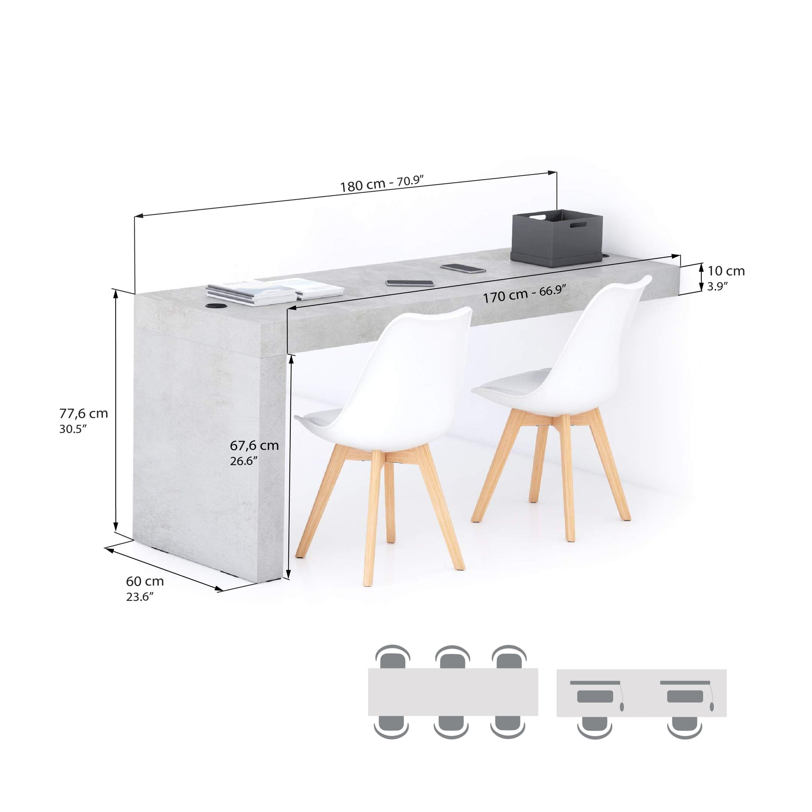 Table de bureau Evolution 180x60, Gris Béton avec 1 pied et Chargeur Sans Fil - Immagine tecnica 1