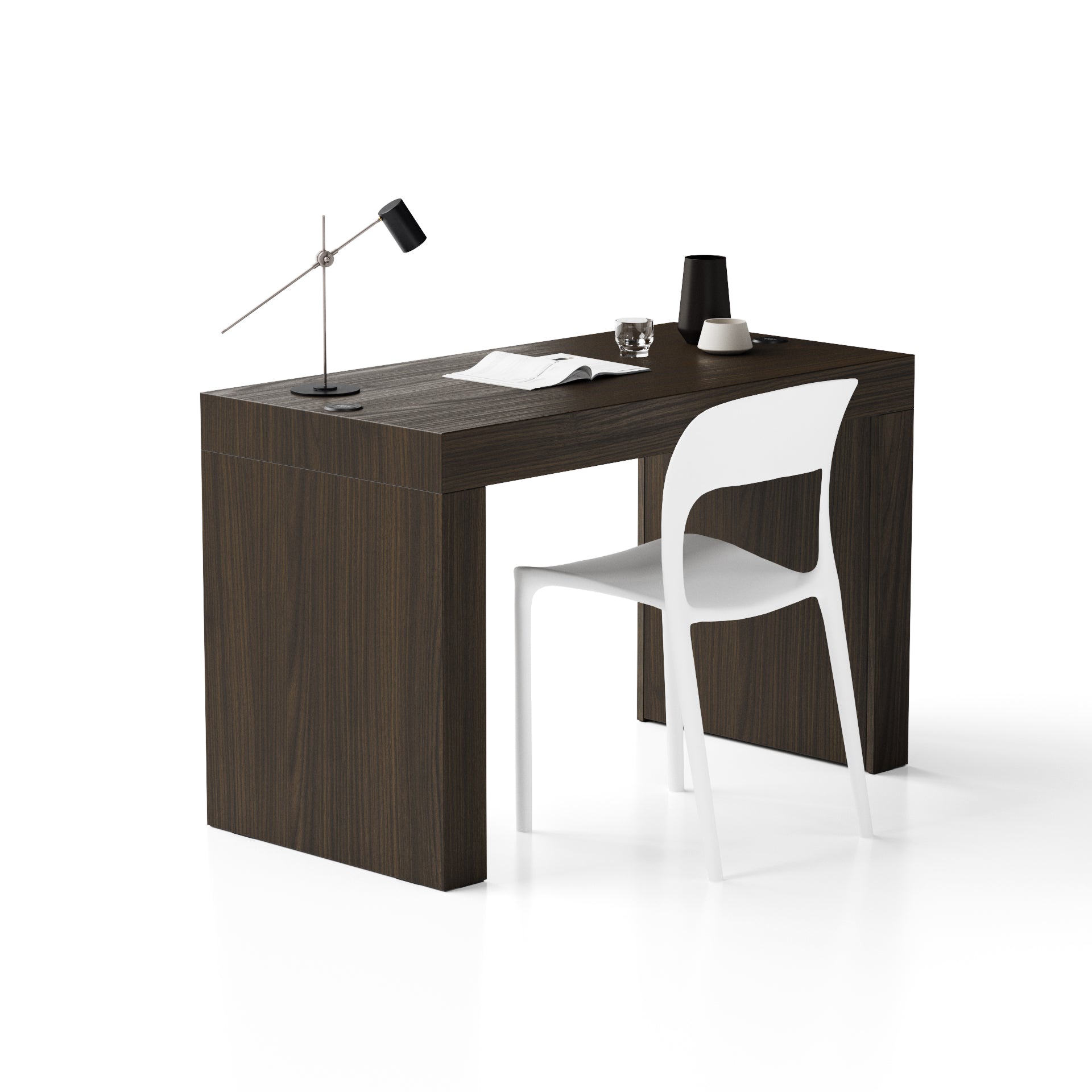 Table de Bureau Evolution 120x60, Noyer Américain avec Deux Pieds et Chargeur sans fil