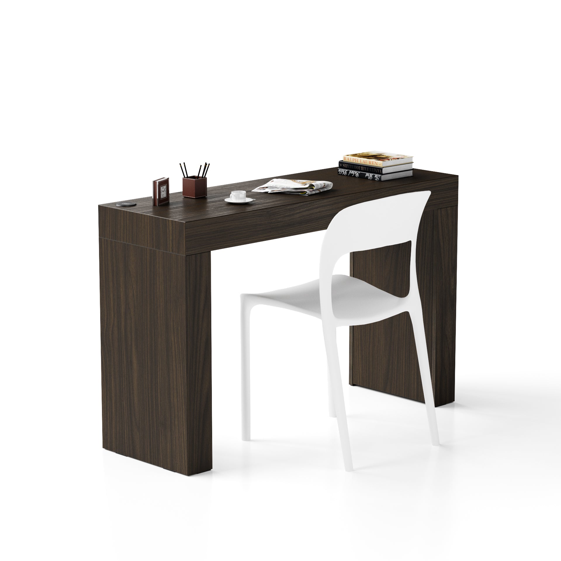 Table de Bureau Evolution 120x40, Noyer Américain avec Deux Pieds et Chargeur sans fil