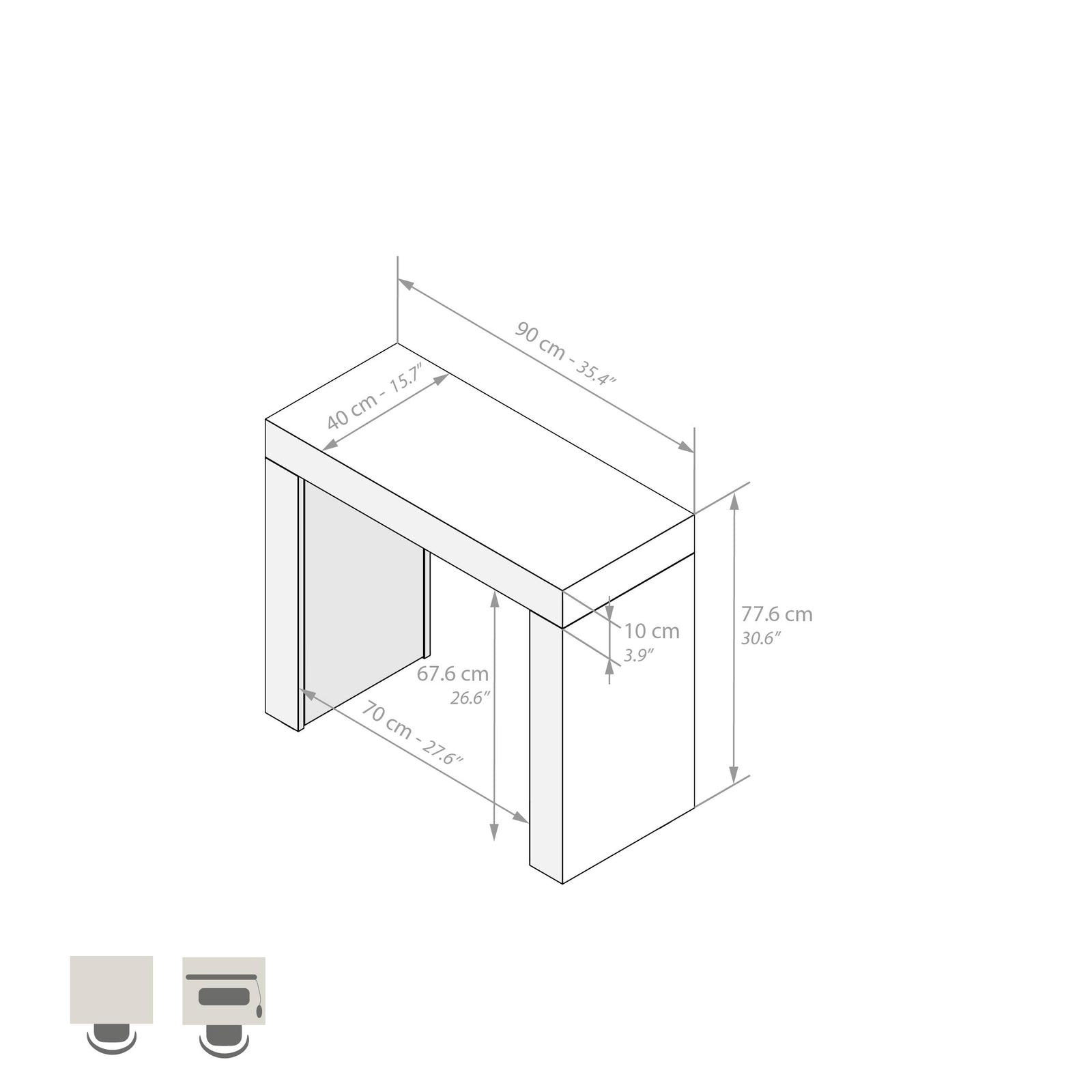 Evolution dining table 90x40, Ashwood White with Two Legs - Immagine tecnica 1