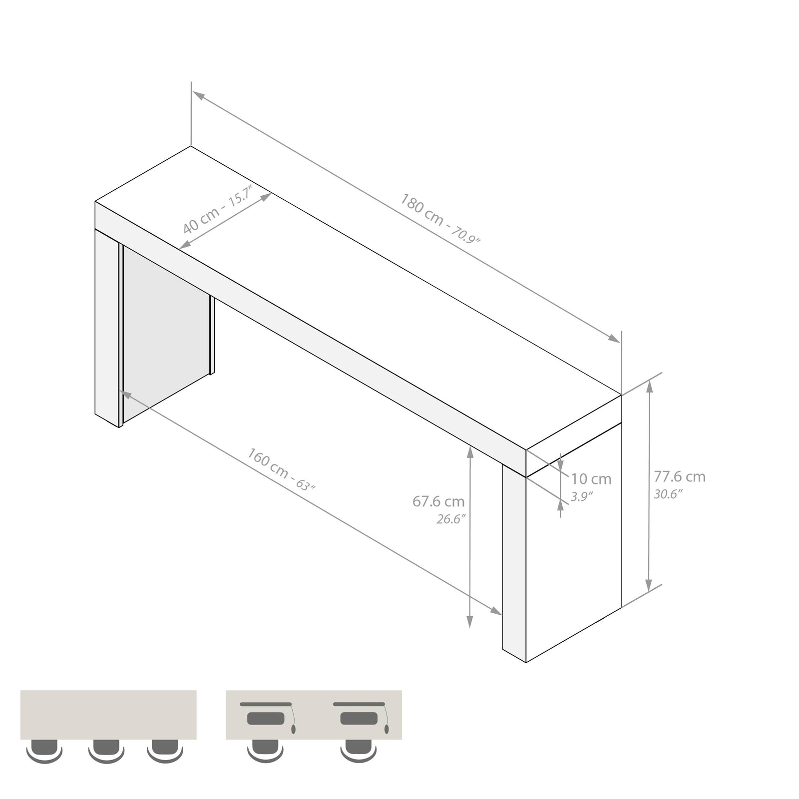 Mesa de comedor Evolution 180x40, nogal americano con dos patas - Immagine tecnica 1
