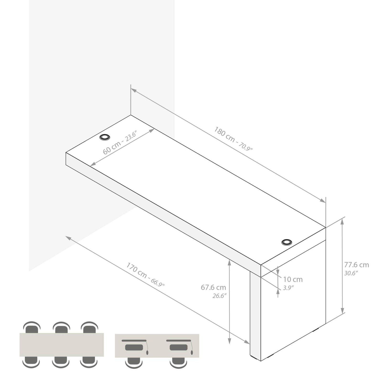 Evolution Esstisch 180 x 60, mit kabellosem Ladegerät, Esche, Schwarz, mit einem Bein - Immagine tecnica 1