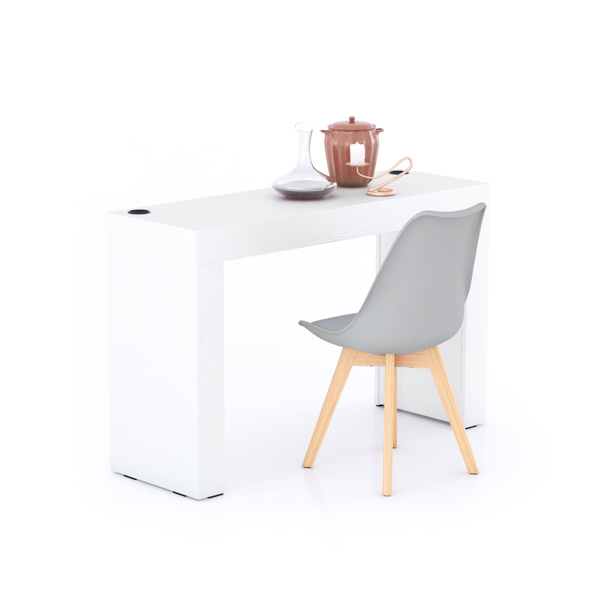 Table à manger Evolution 120x40, Frêne Blanc avec 2 pieds et Chargeur Sans Fil