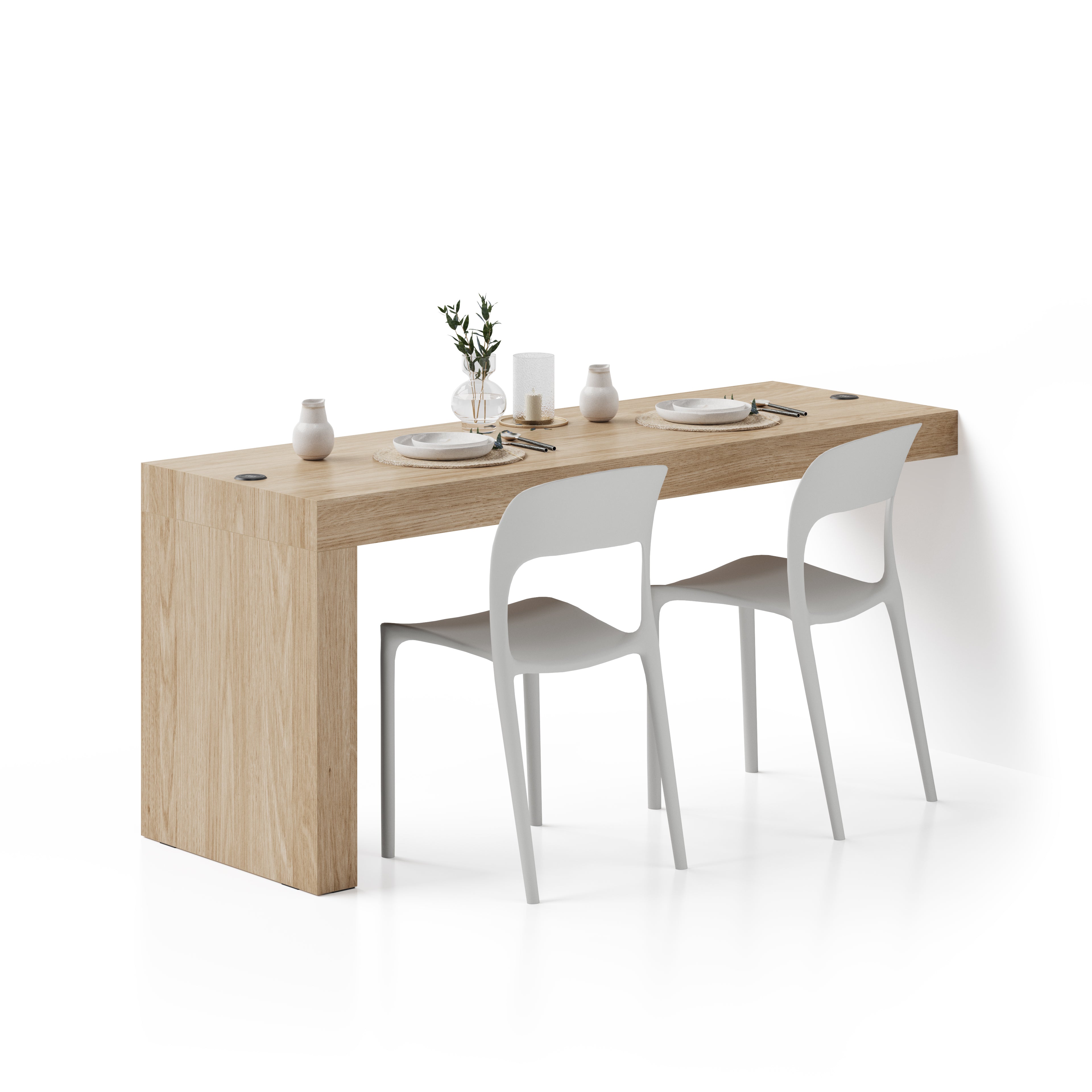 Table à manger Evolution 180x60, Chêne Clair avec 1 pied et Chargeur Sans Fil