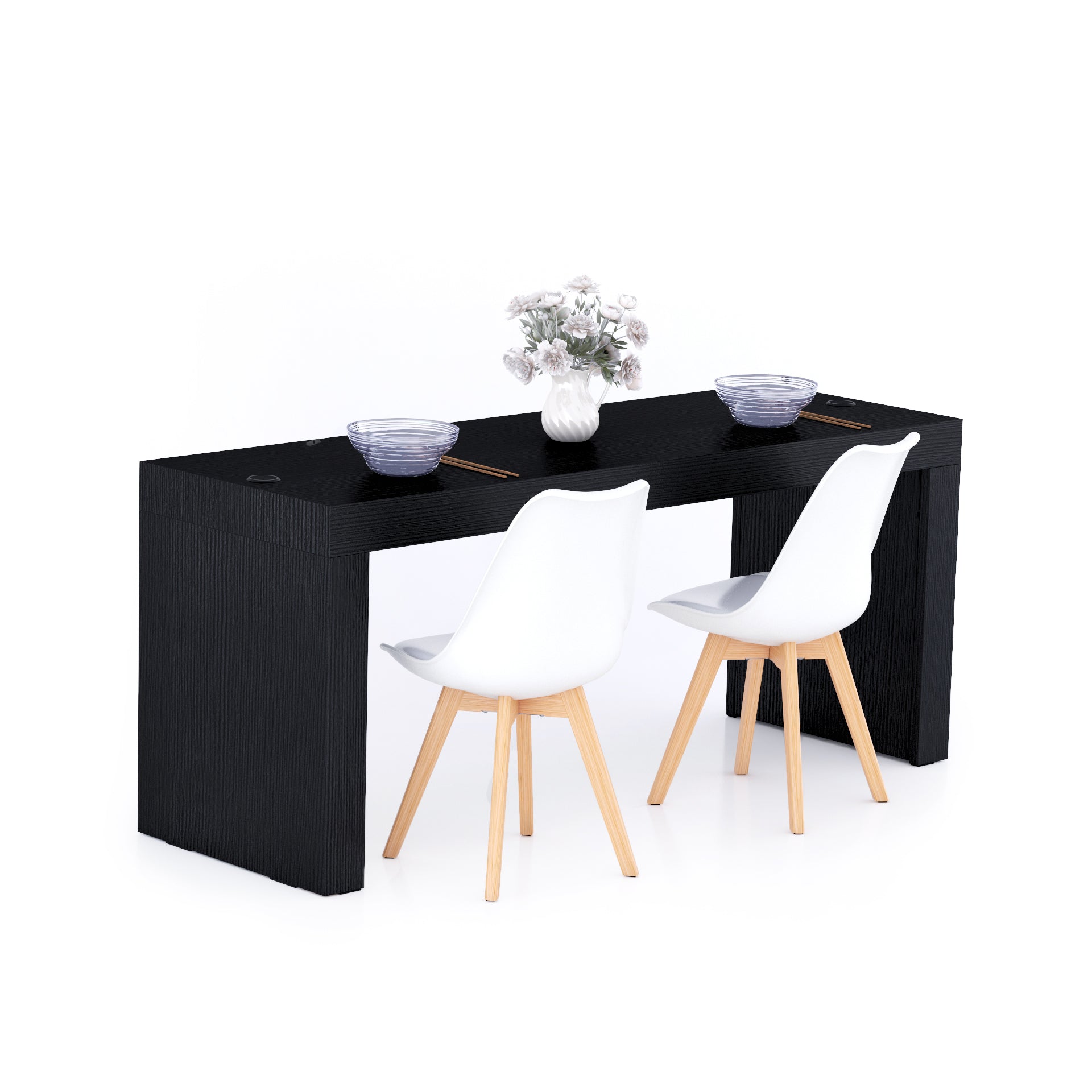 Evolution Esstisch 180 x 60 mit kabellosem Ladegerät, Esche, Schwarz, mit zwei Beinen