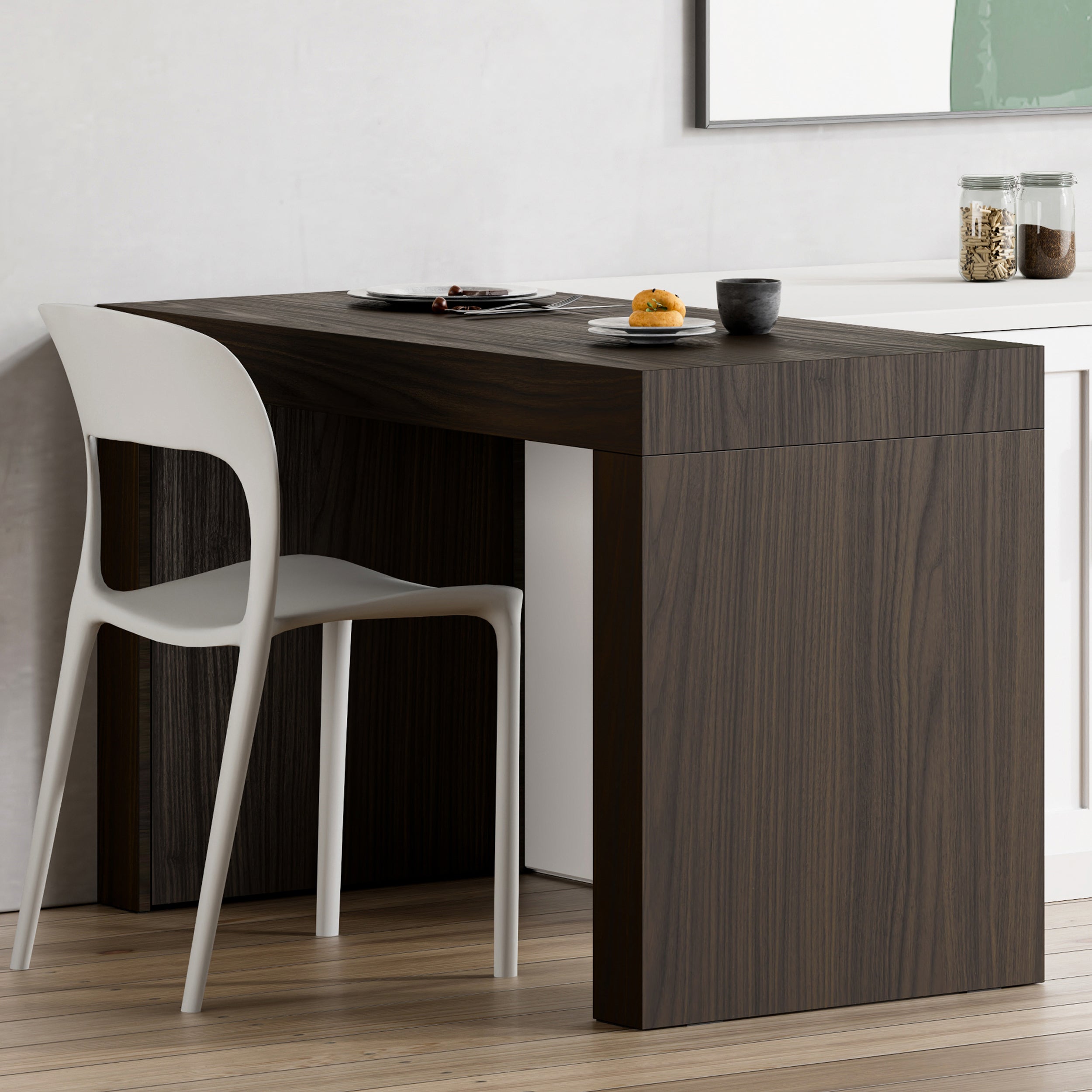 Tavolo da pranzo Evolution 120x60, Noce Scuro con Due Gambe - Immagine ambientata 1