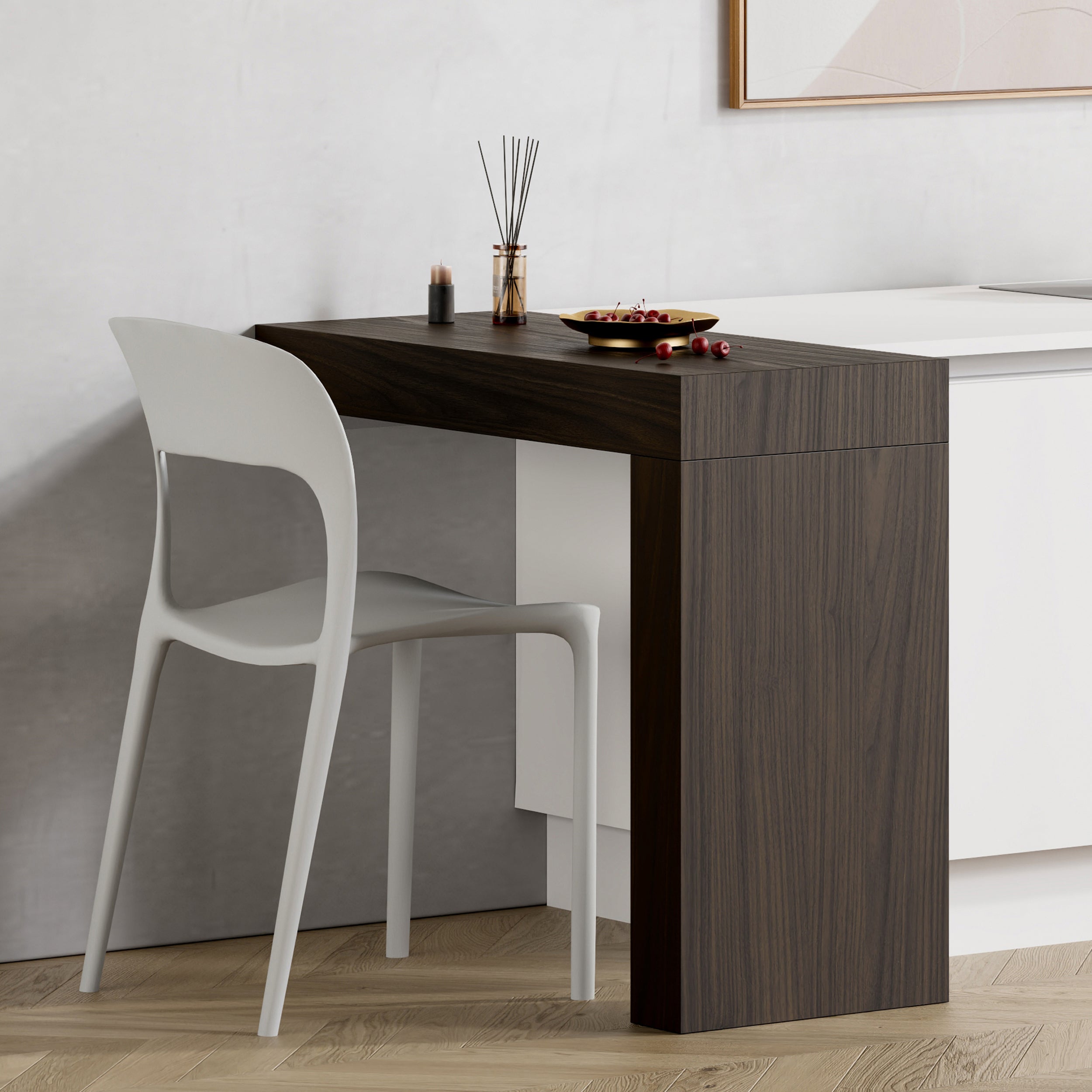 Tavolo da pranzo Evolution 90x40, Noce Scuro con Una Gamba - Immagine ambientata 1
