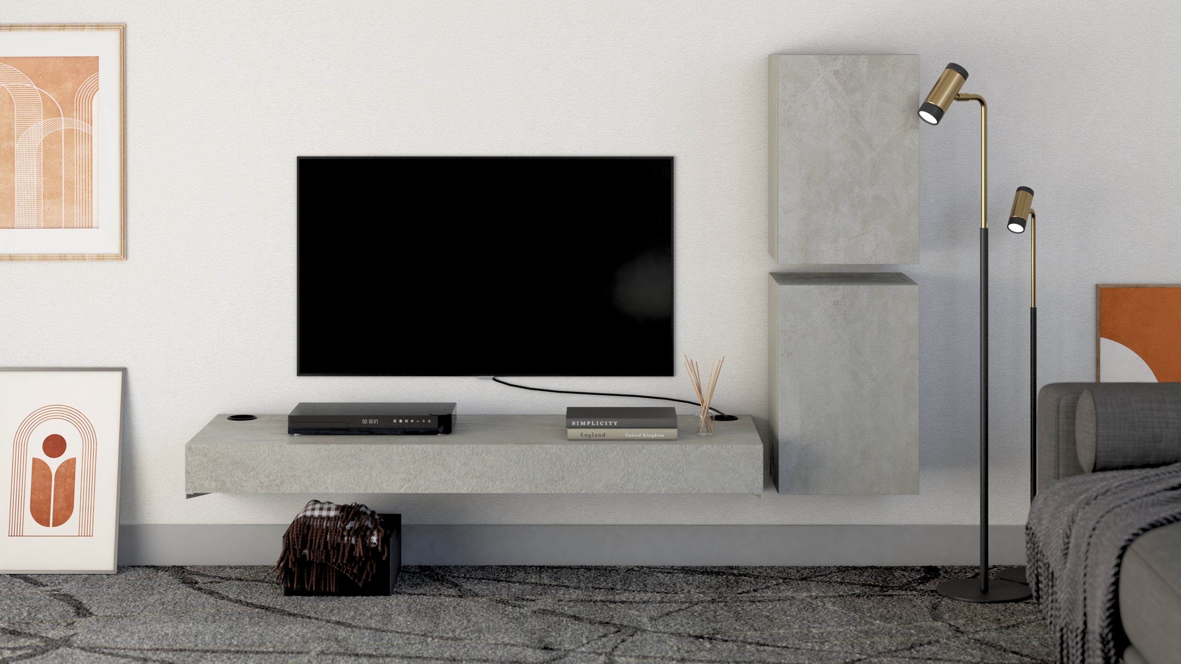 Tv wandmeble Evolution 120x40, Cement Grijs met Draadloze Oplader - Set image 1