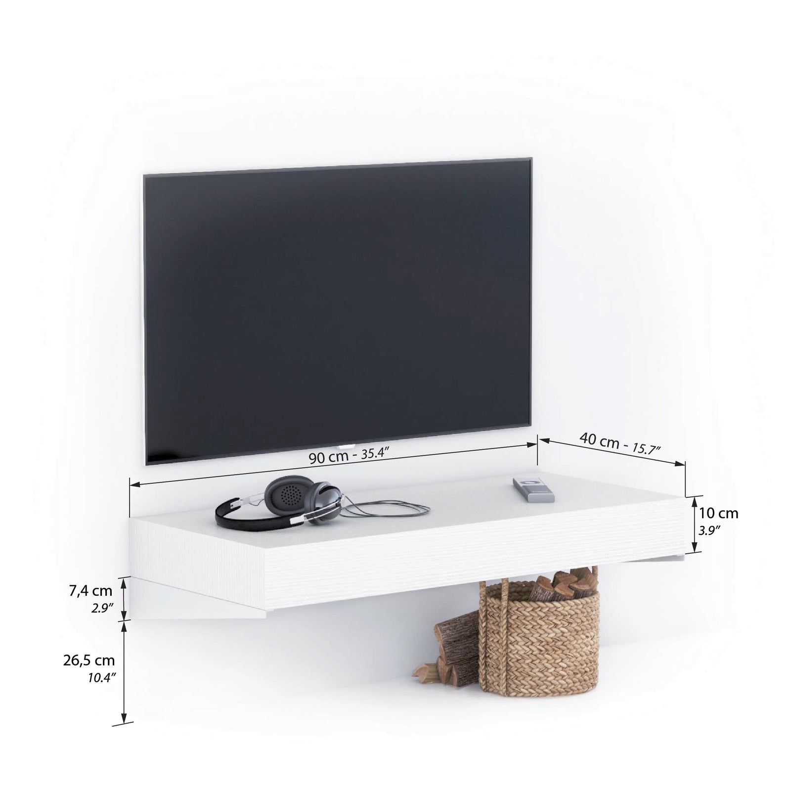 Porta Tv sospeso Evolution 90x40, Bianco Frassino - Immagine tecnica 1