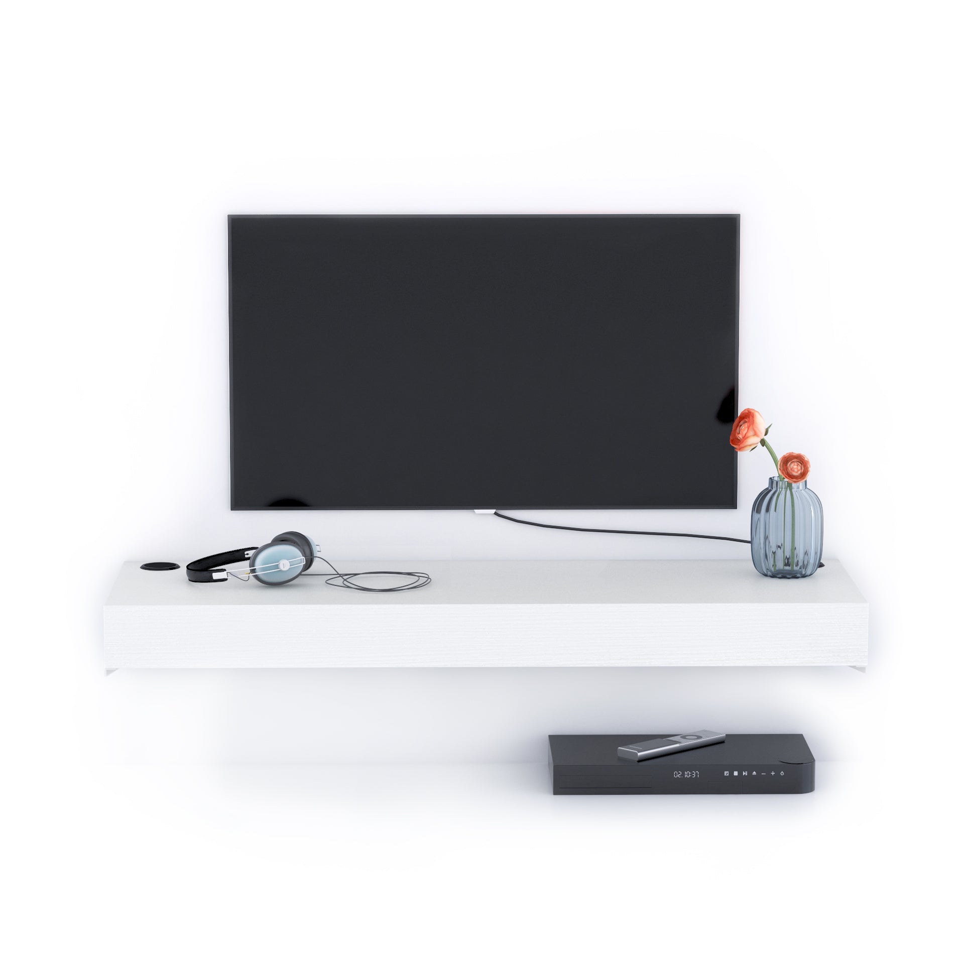 Porta Tv sospeso Evolution 120x40, Bianco Frassino con Caricatore Wireless