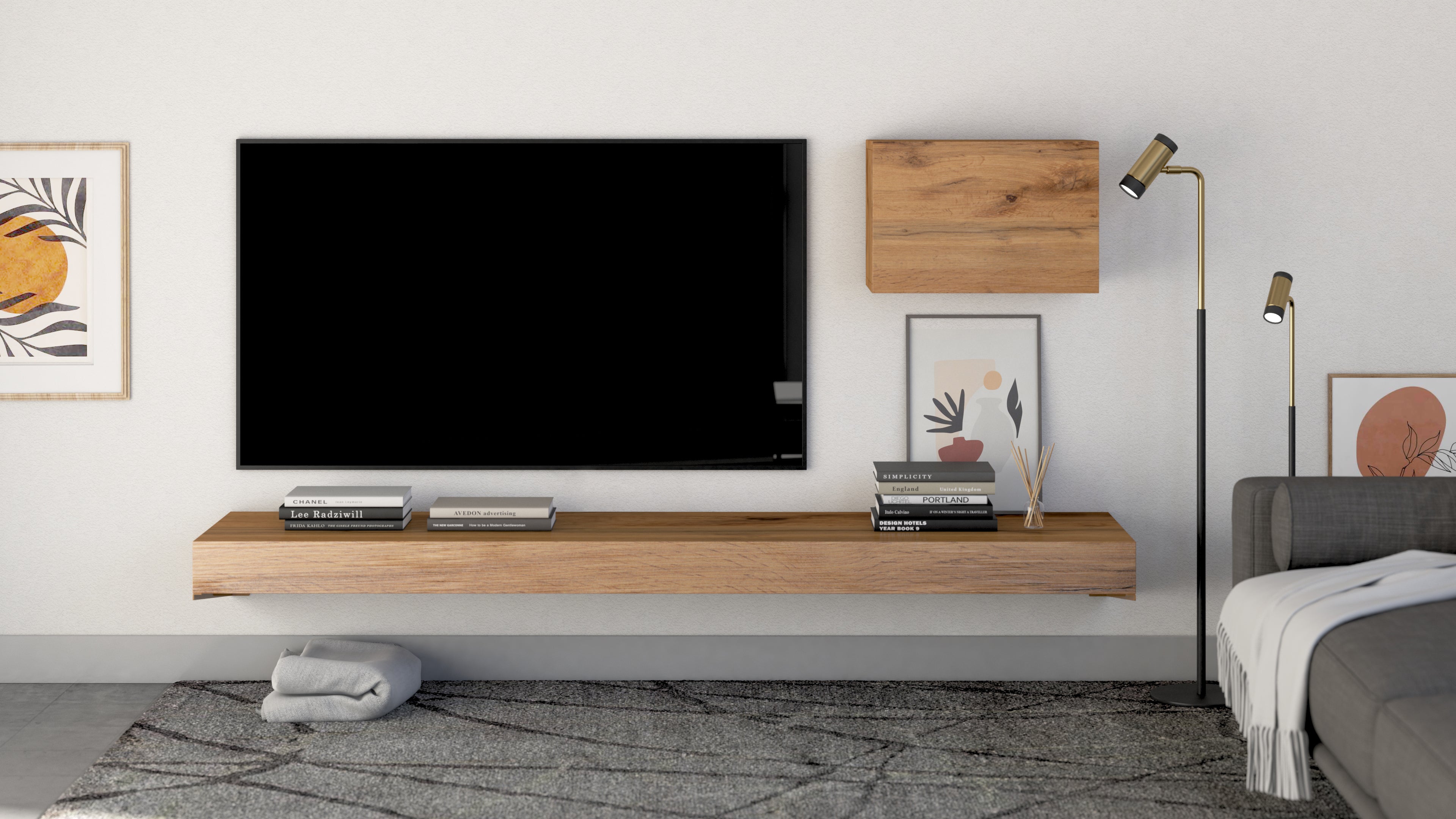 Porta Tv sospeso Evolution 180x40, Rovere Rustico - Immagine ambientata 1