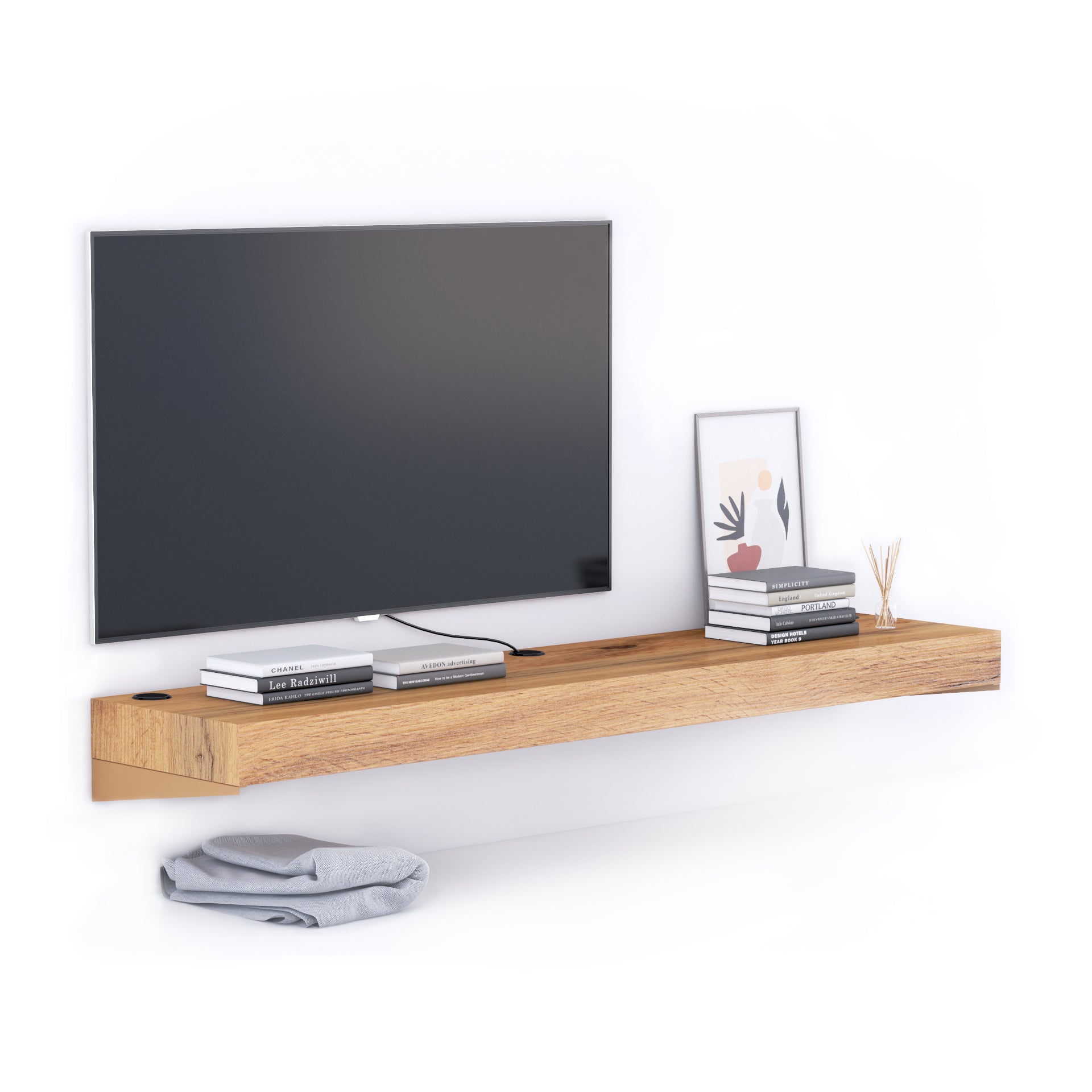 Support TV Mural Evolution 180x40, Bois Rustique avec Chargeur Sans Fil