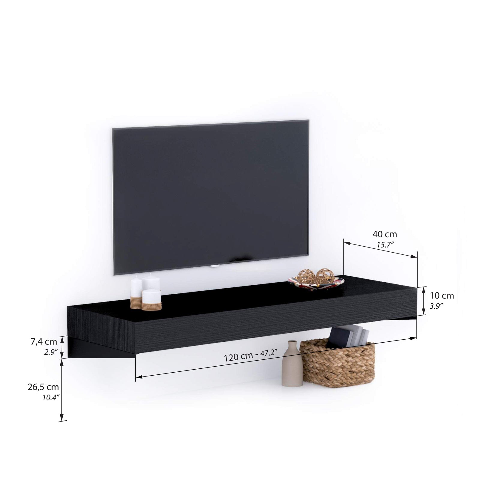 Porta Tv sospeso Evolution 120x40, Nero Frassino - Immagine tecnica 1