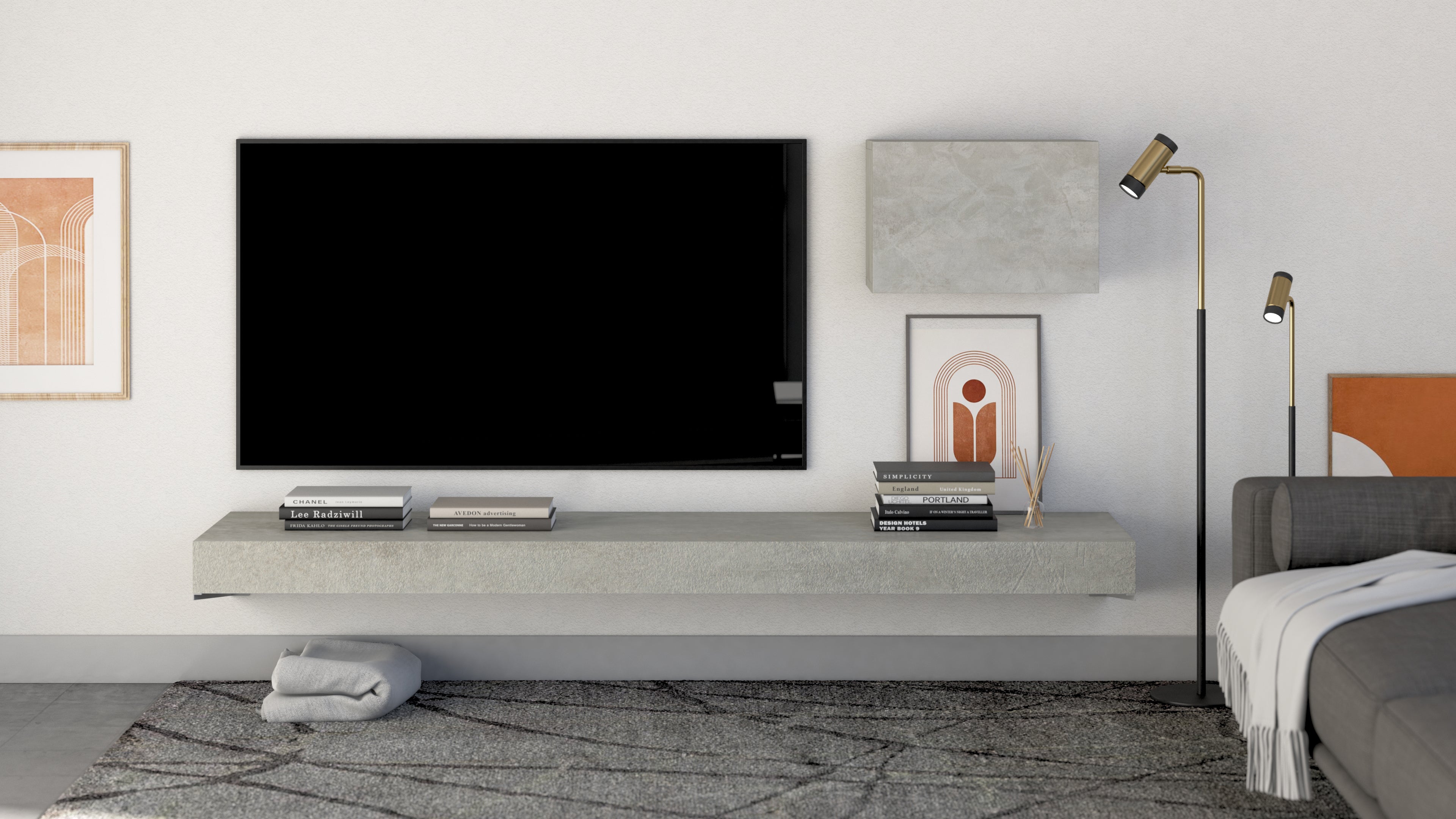 Porta Tv sospeso Evolution 180x40, Grigio Cemento - Immagine ambientata 1