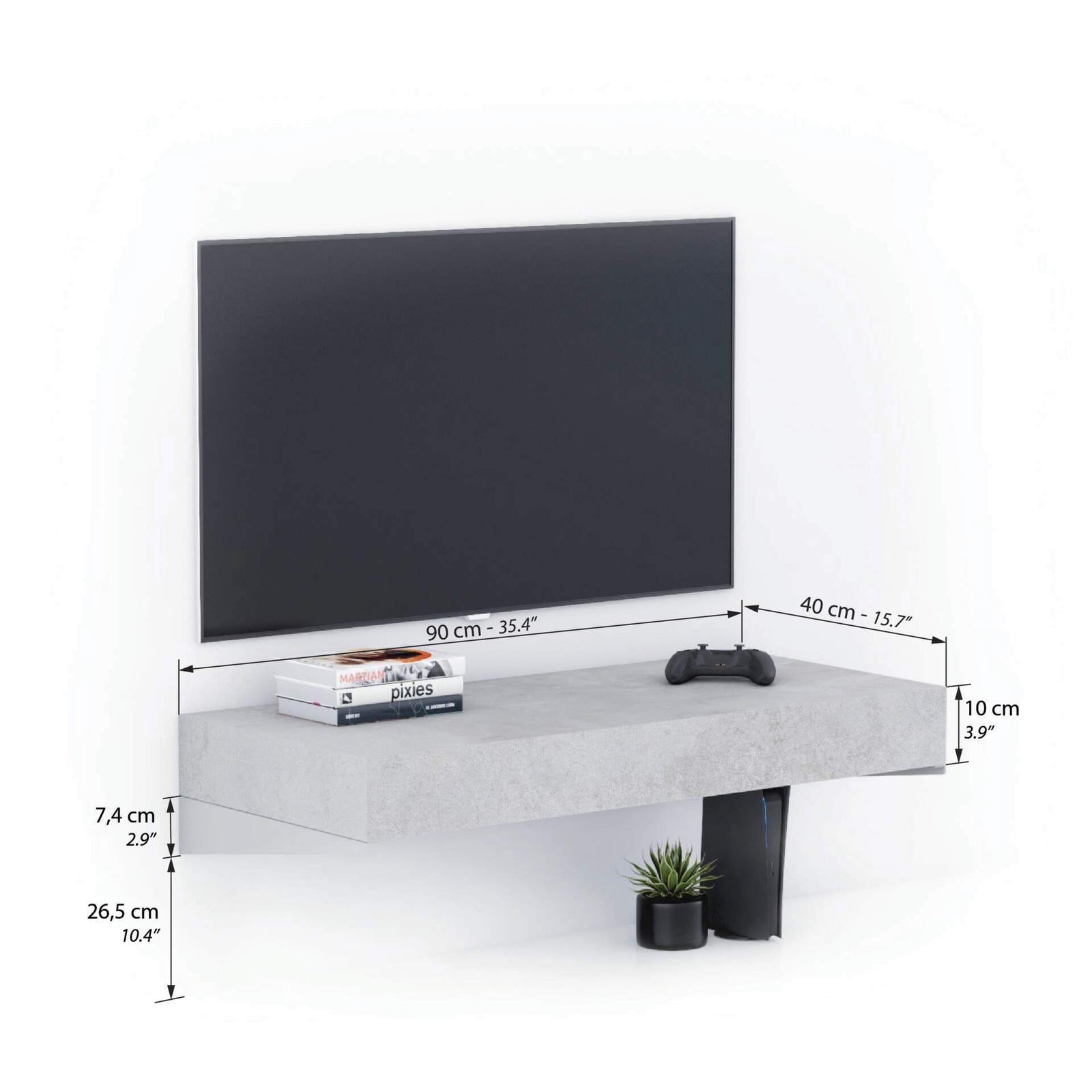 Porta Tv sospeso Evolution 90x40, Grigio Cemento - Immagine tecnica 1