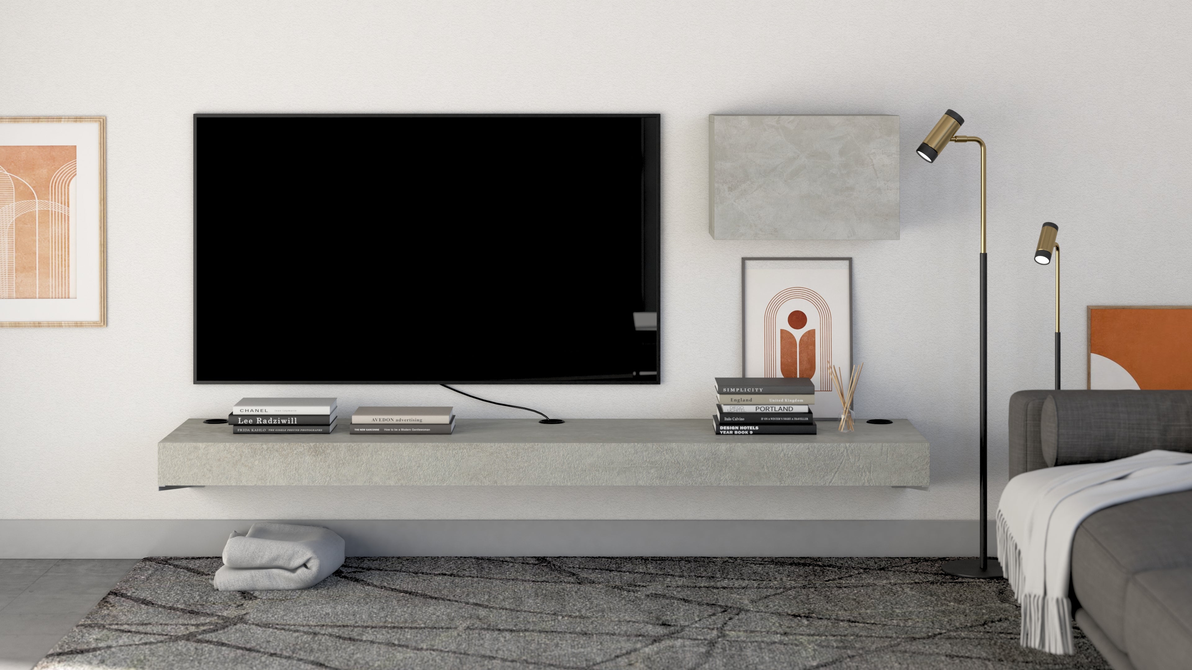 Floating tv stand Evolution 180x40 with Wireless Charger, Concrete Effect, Grey - Set image 1