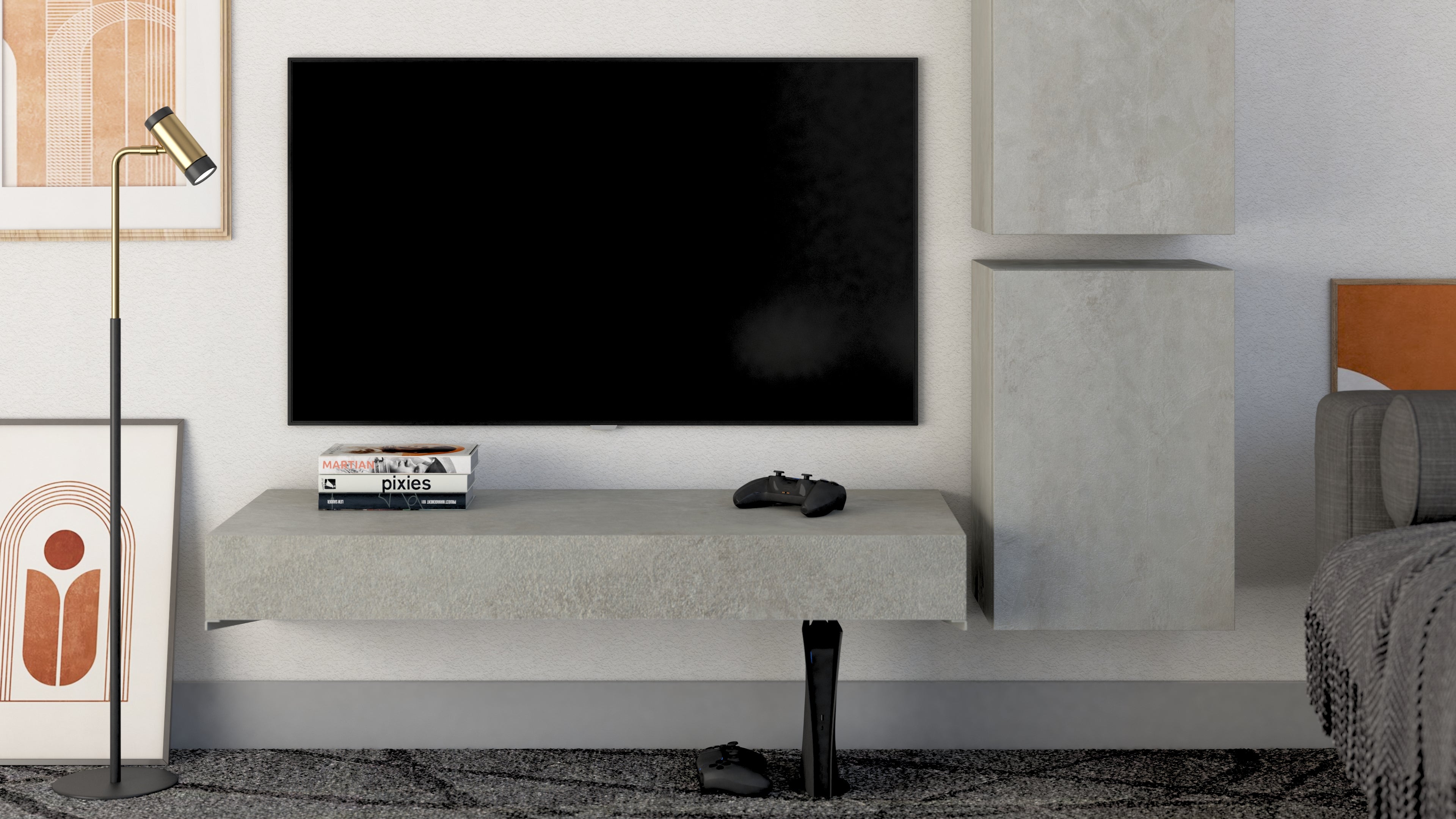 Porta Tv sospeso Evolution 90x40, Grigio Cemento - Immagine ambientata 1