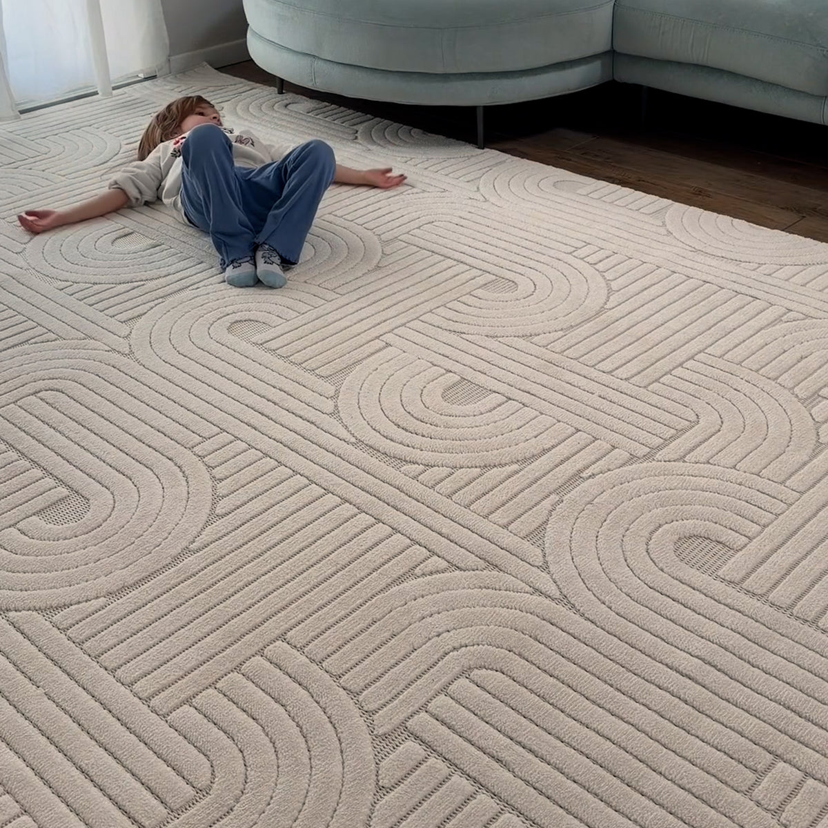 Alfombra rectangular Pietro 200x290 cm, Color crema con diseño geométrico circular