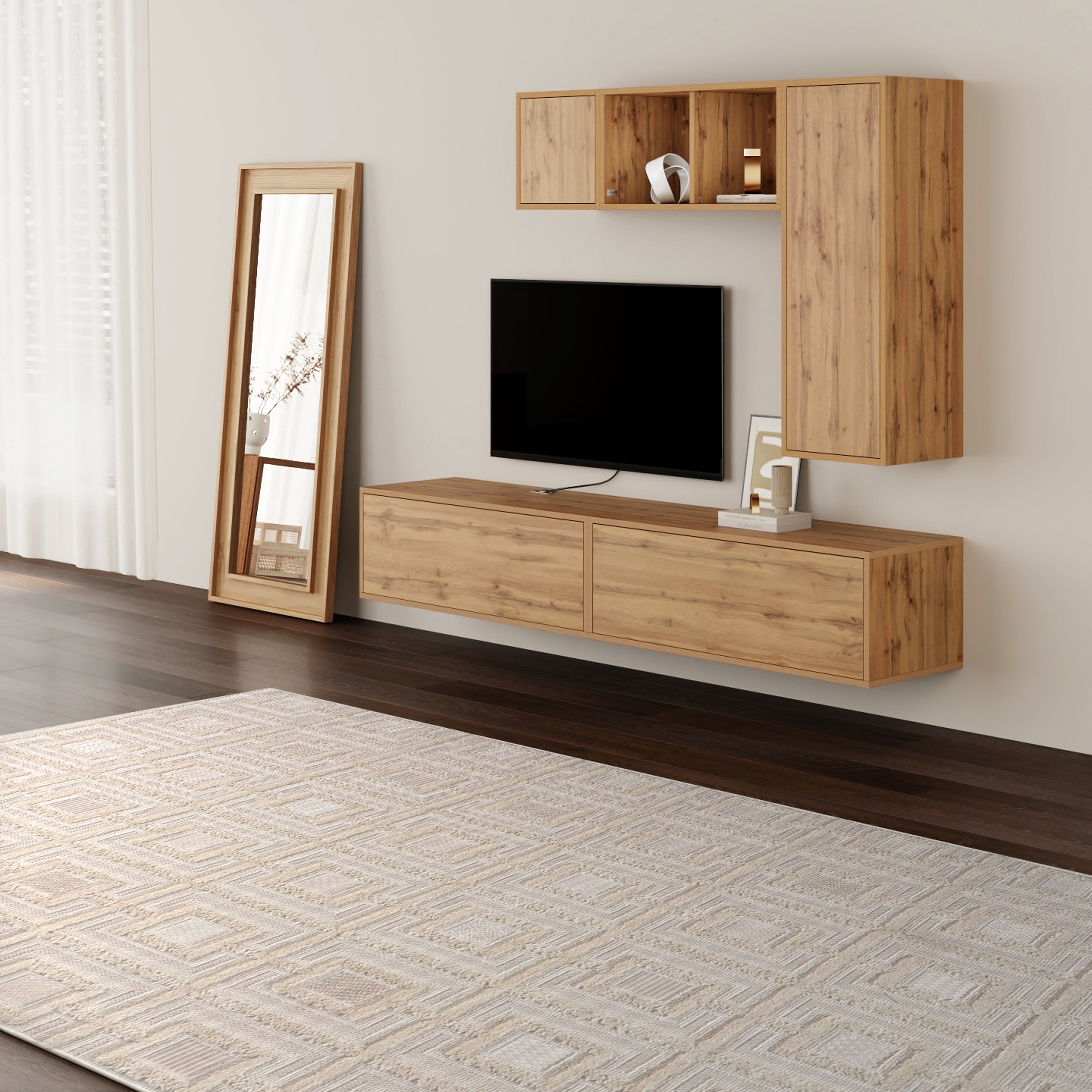 Rectangular rug Teseo 63x91 in, Cream with checkered pattern - Set image 1