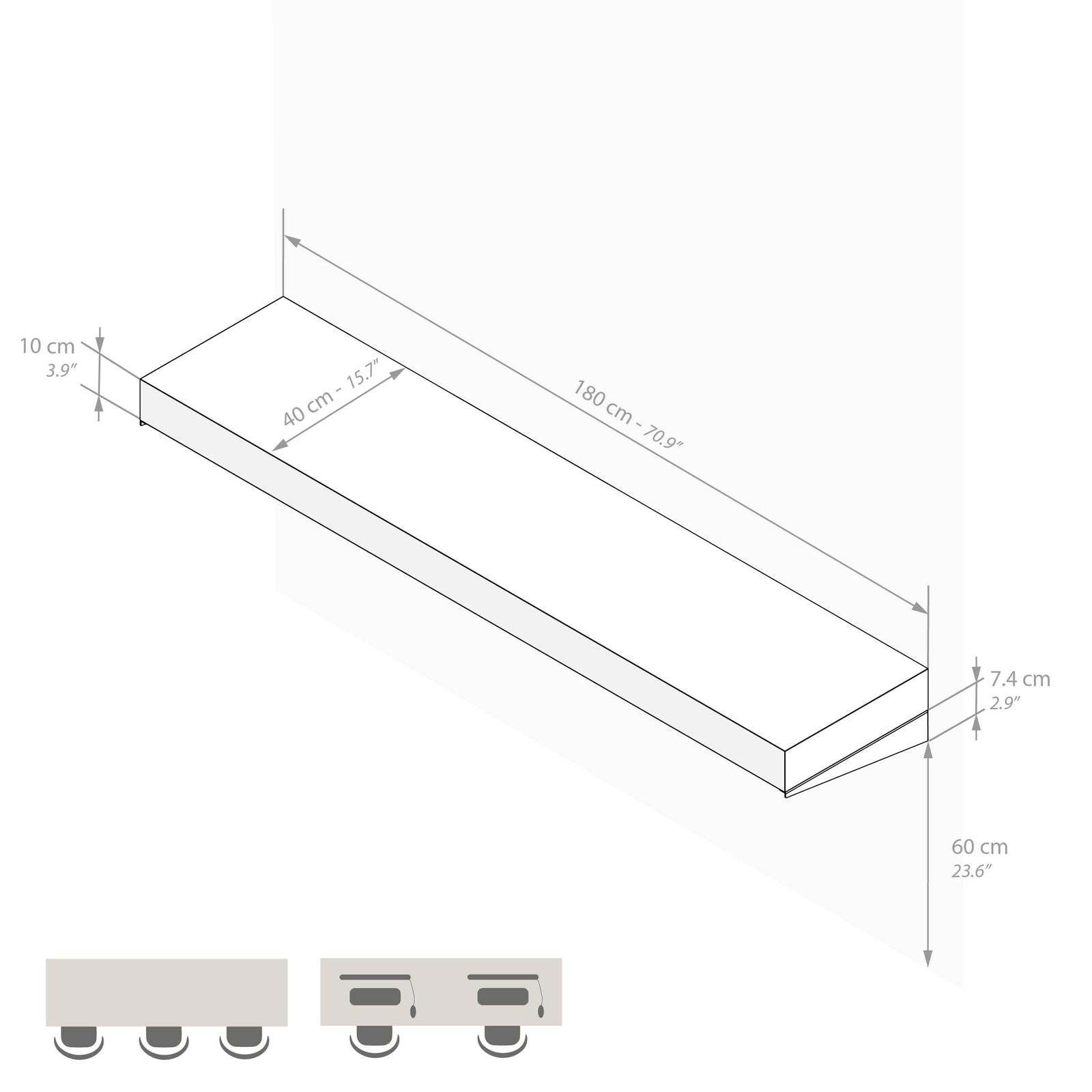 Scrivania sospesa a muro Evolution 180x40, Bianco Frassino - Immagine tecnica 1