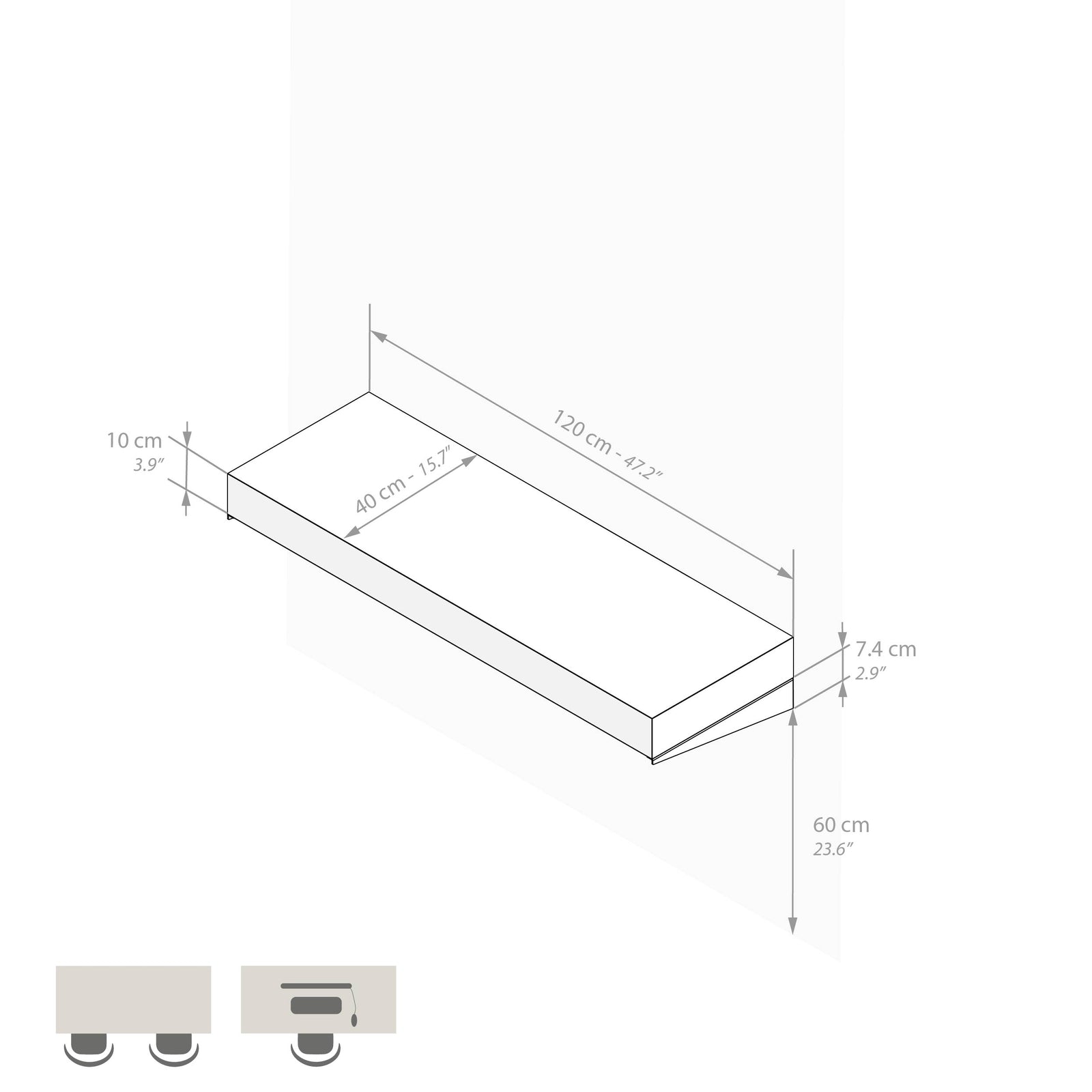 Scrivania sospesa a muro Evolution 120x40, Nero Frassino - Immagine tecnica 1