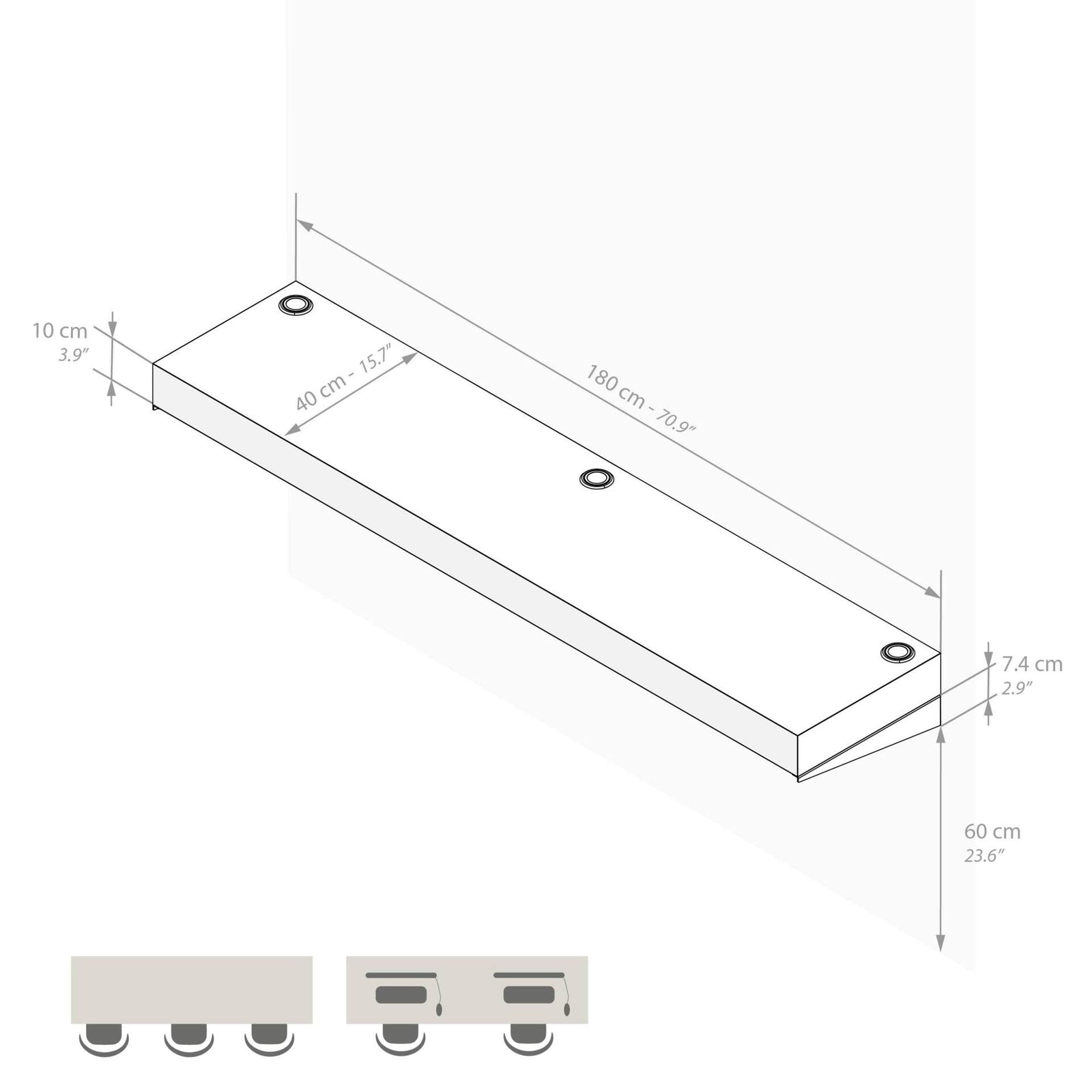 Scrivania sospesa a muro Evolution 180x40, Rovere Rustico con Caricatore Wireless - Immagine tecnica 1