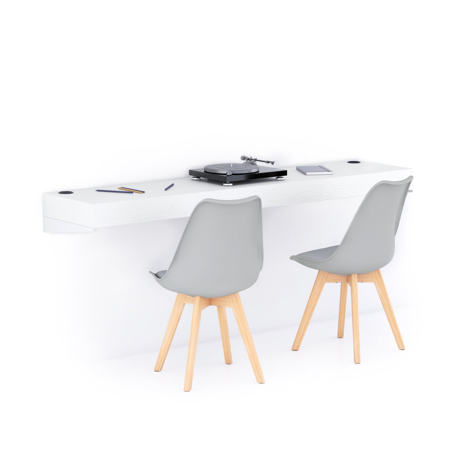 Scrivania sospesa a muro Evolution 180x40, Bianco Frassino con Caricatore Wireless