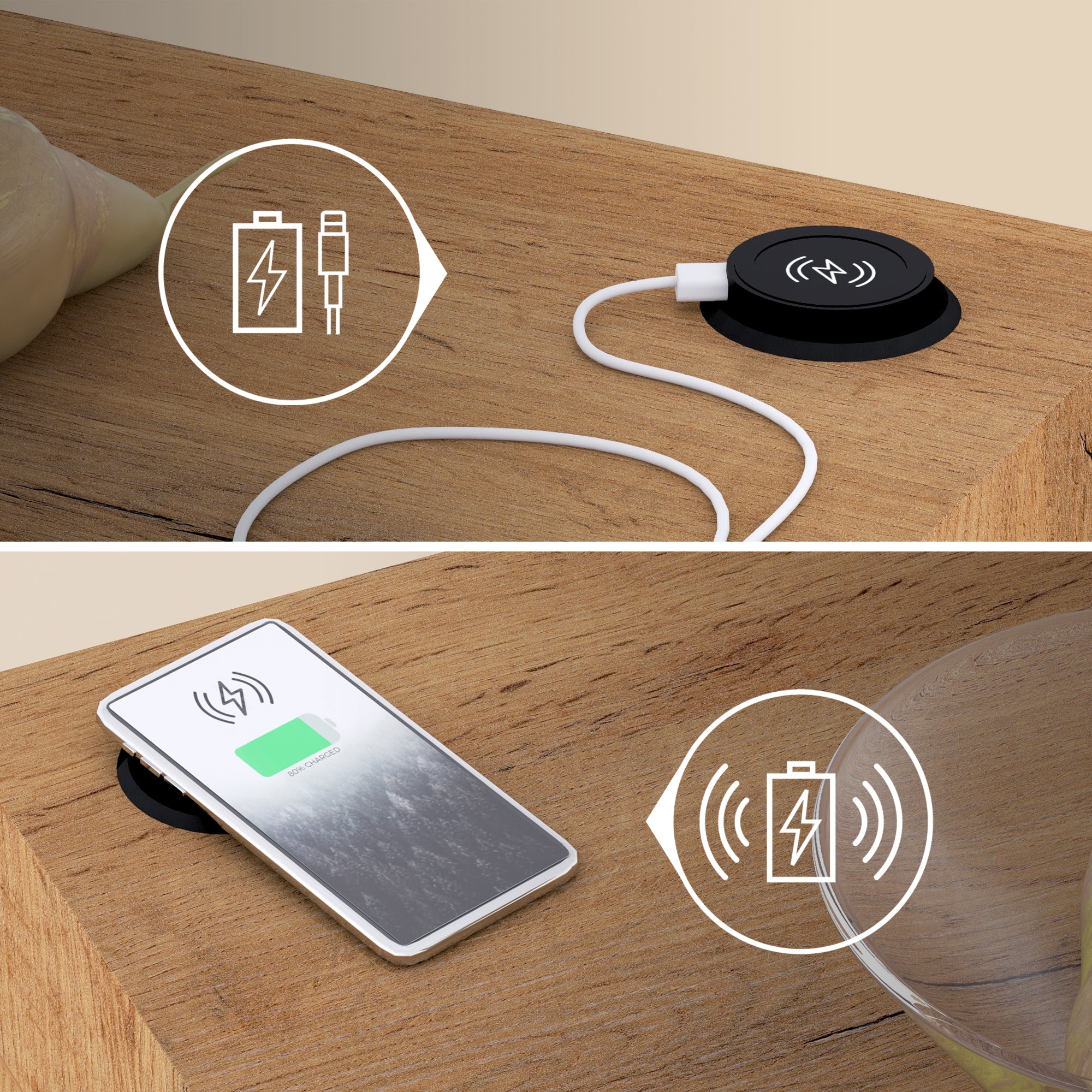 Scrivania sospesa a muro Evolution 180x40, Rovere Rustico con Caricatore Wireless - Immagine dettaglio 1