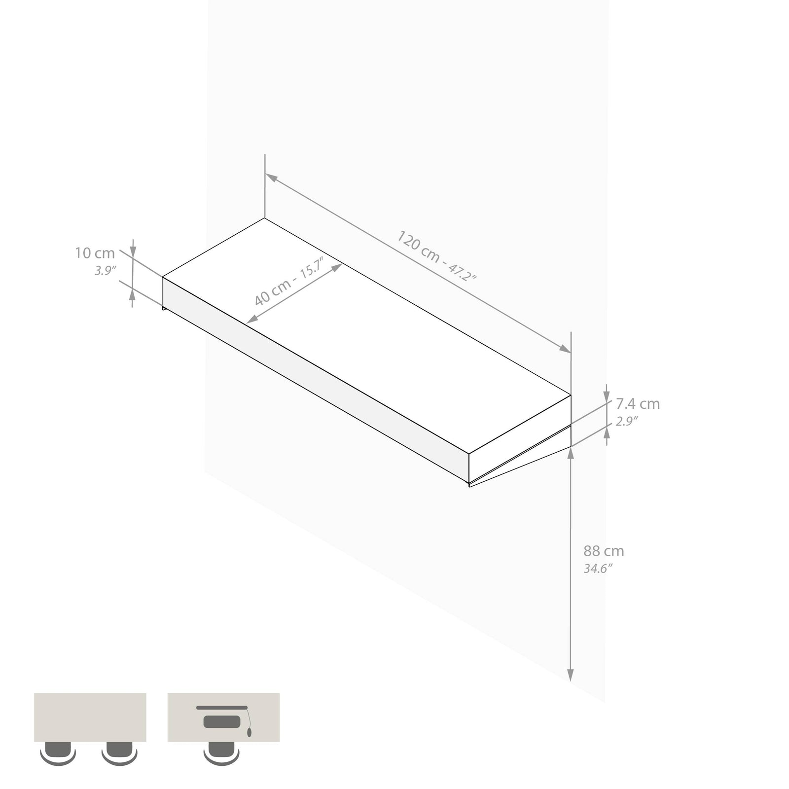 Evolution Extra Large Bar Shelf 120x40, Concrete Effect, Grey - Immagine tecnica 1