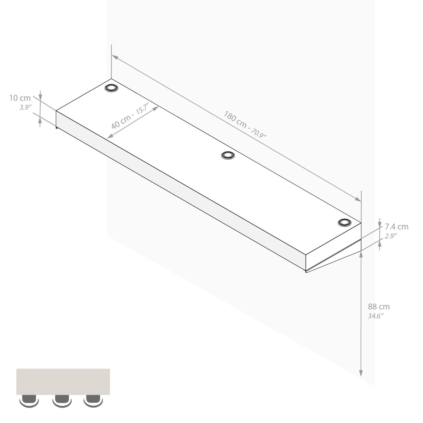 Mensolone Da Bar Evolution 180x40, Nero Frassino con Caricatore Wireless - Immagine tecnica 1