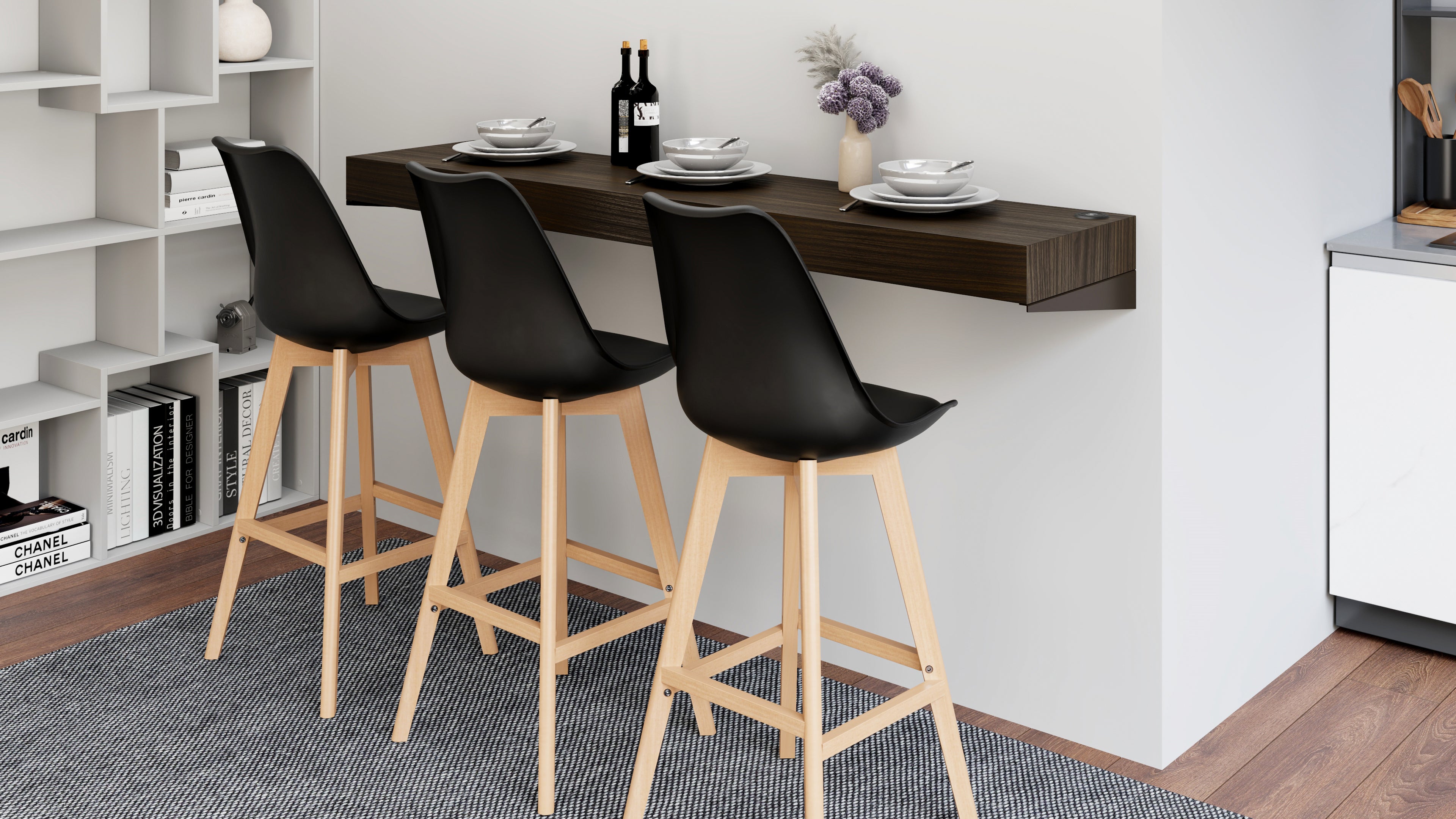 Mensolone Da Bar Evolution 120x40, Noce Scuro con Caricatore Wireless - Immagine ambientata 1