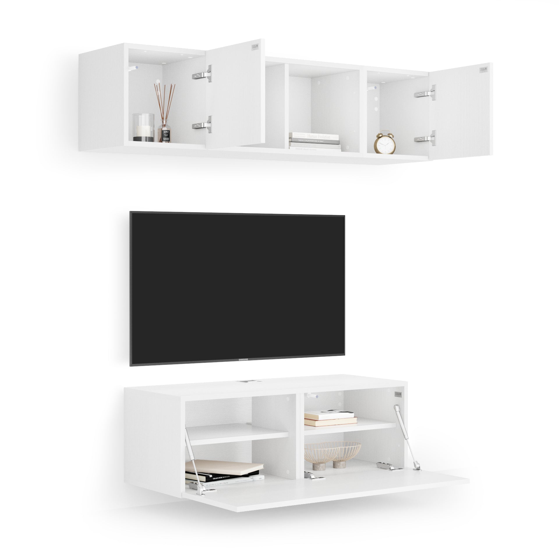 Composición de pared Easy para salón 2, color fresno blanco, 142x44x160 cm