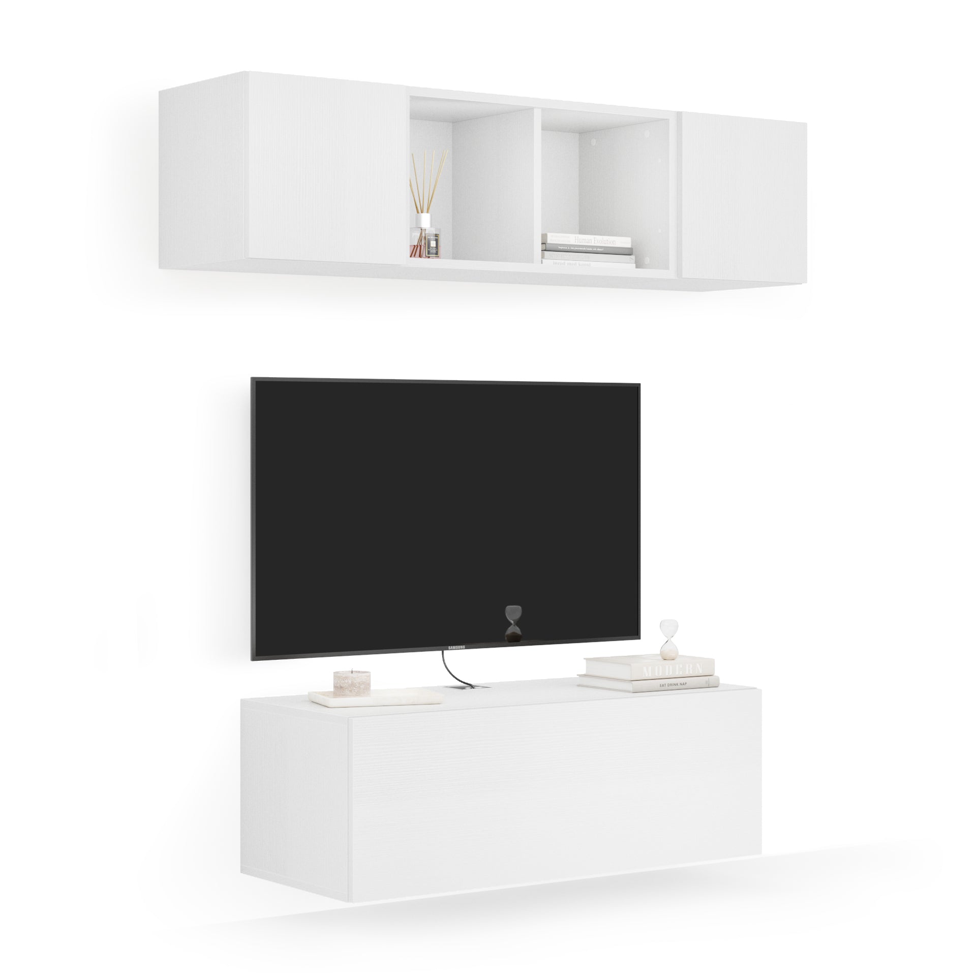 Composición de pared Easy para salón 2, color fresno blanco, 142x44x160 cm