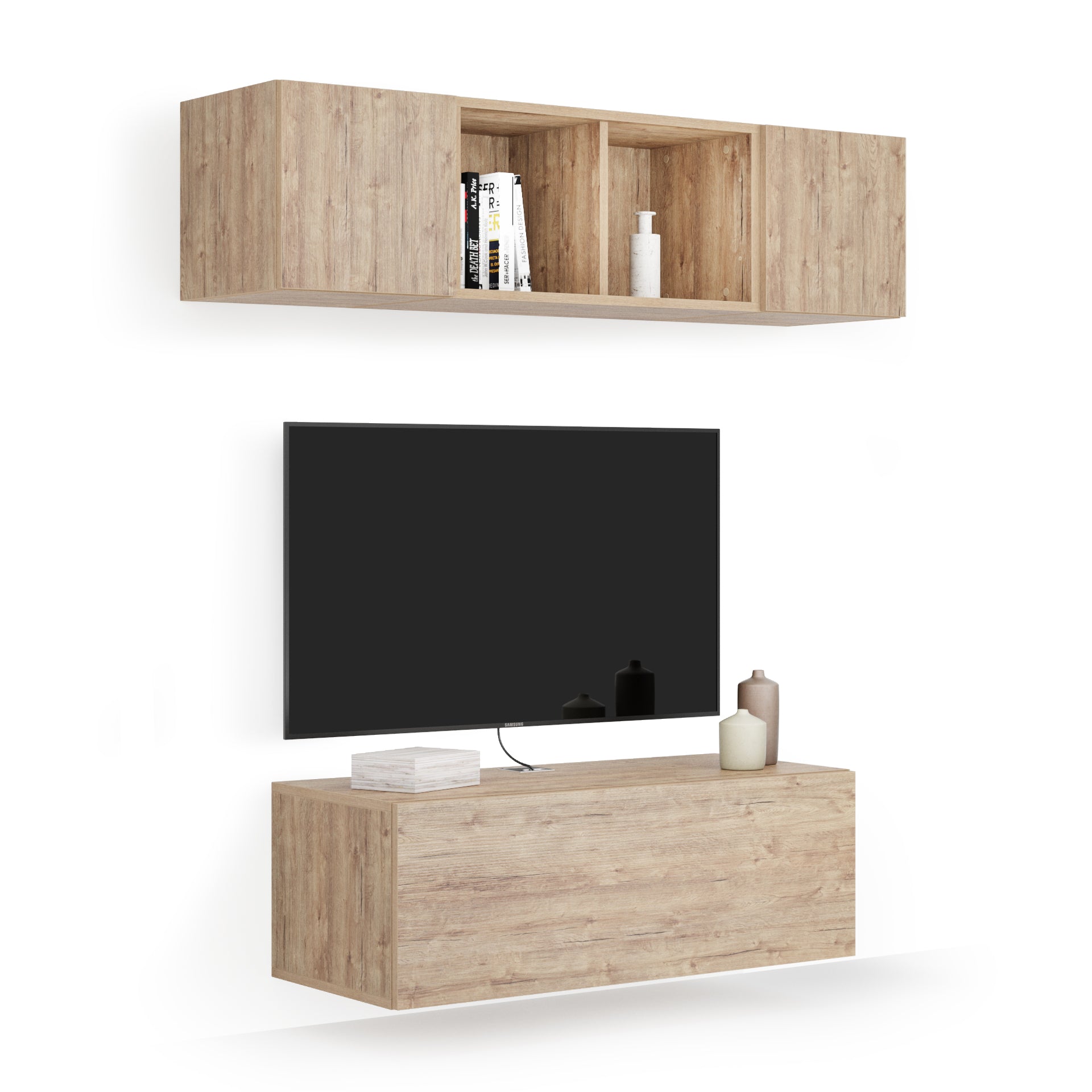 Composición de pared Easy para salón 2, color encina, 142x44x160 cm