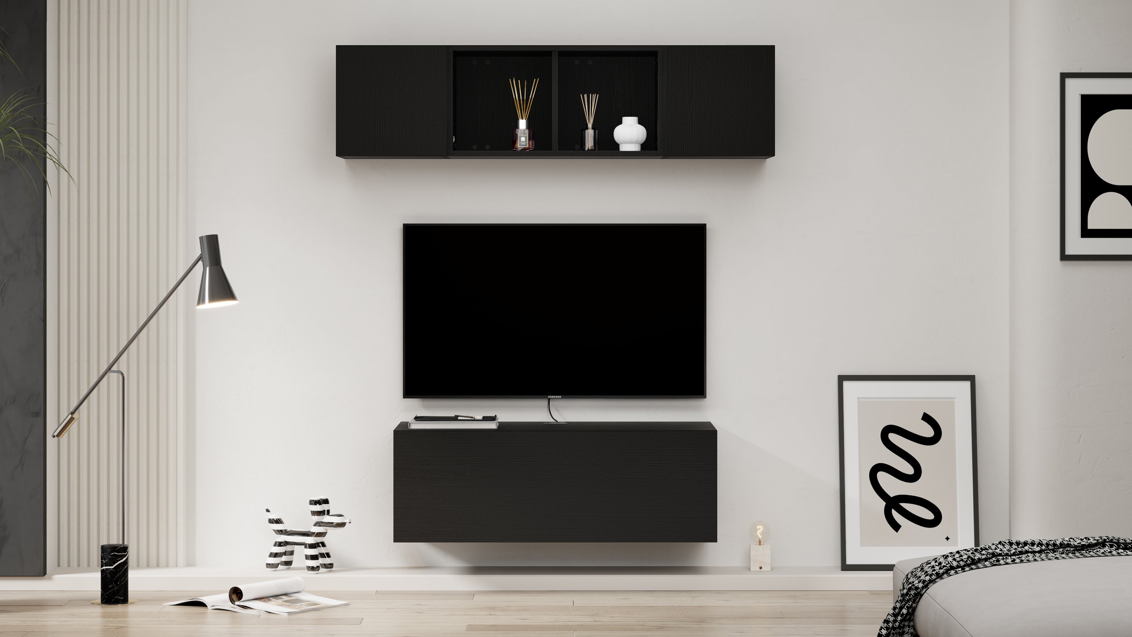 Composición de pared Easy para salón 2, color madera negra, 142x44x160 cm - Set image 1