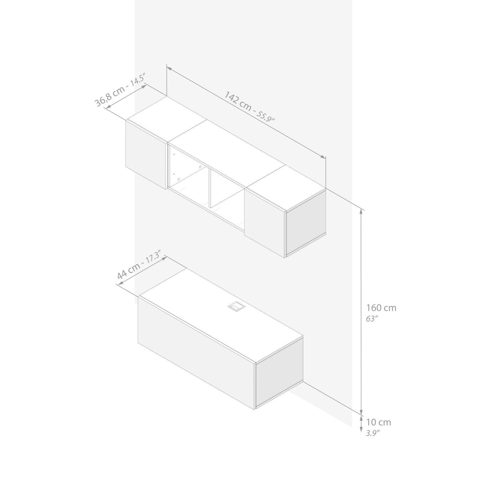 Composición de pared Easy para salón 2, color encina, 142x44x160 cm - Immagine tecnica 1