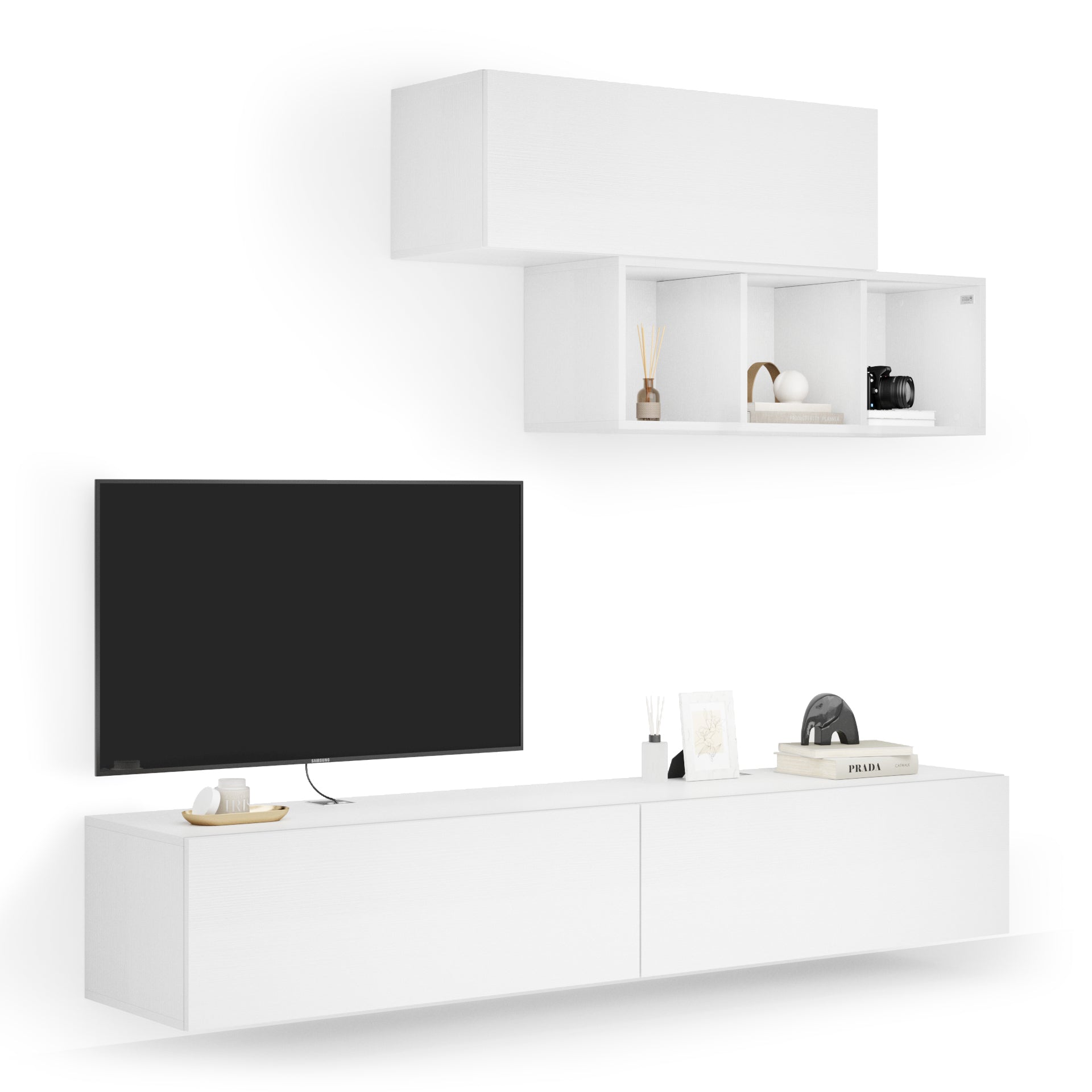 Composición de pared Easy para salón 3, color fresno blanco, 208x44x185 cm