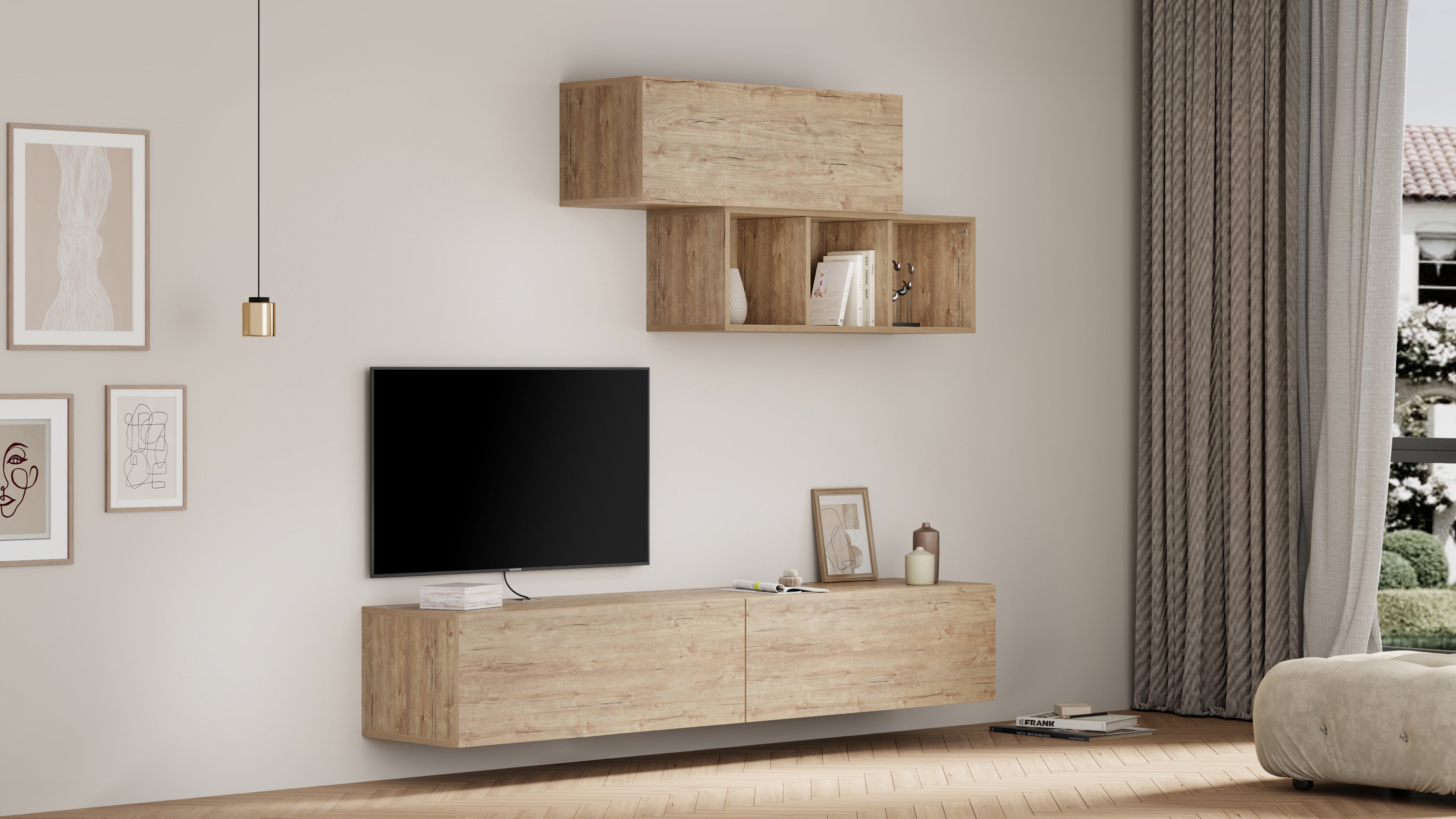 Armoire Suspendue Easy 104 Avec Porte Relevable, Chêne Naturel - Set image 1