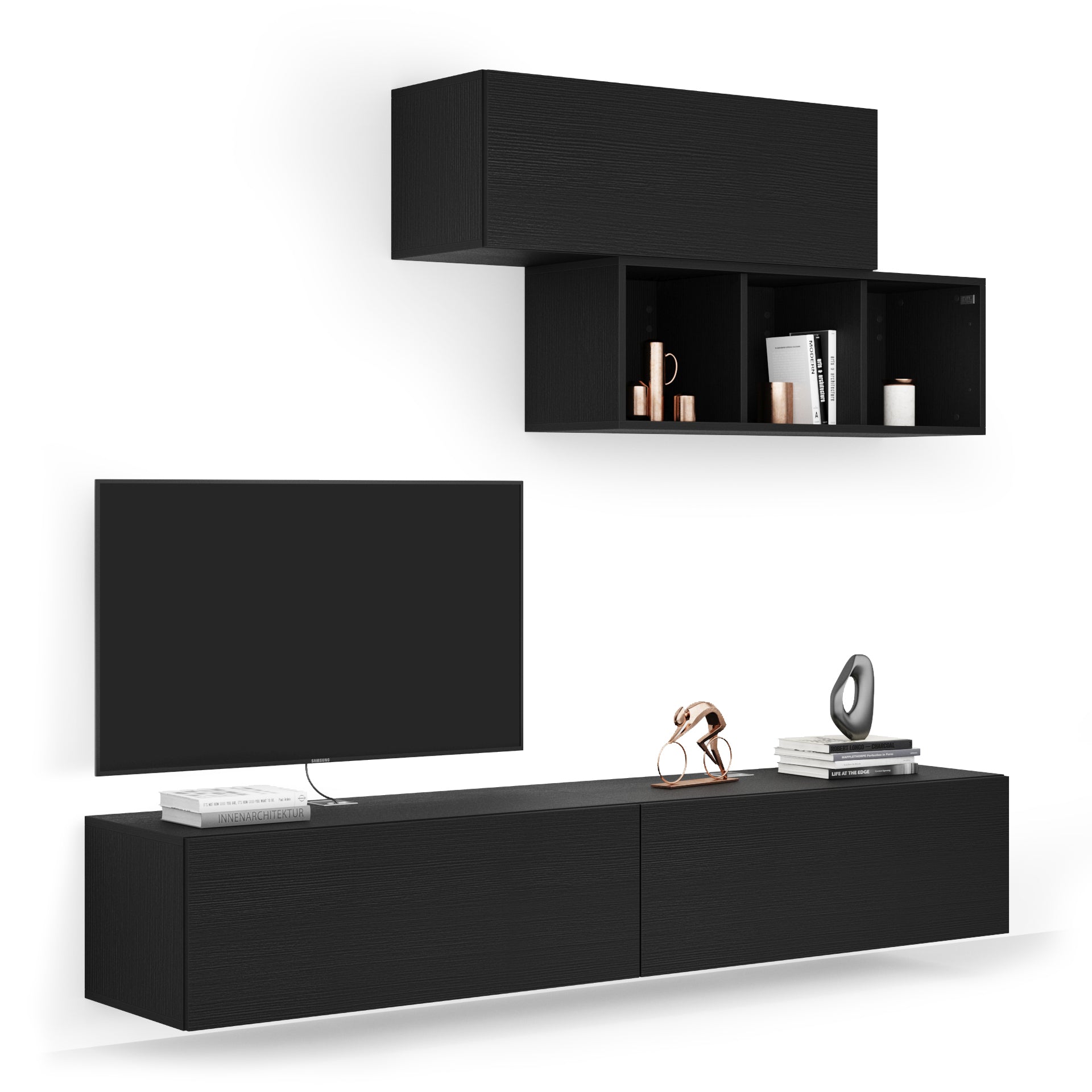 Composición de pared Easy para salón 3, color madera negra, 208x44x185 cm