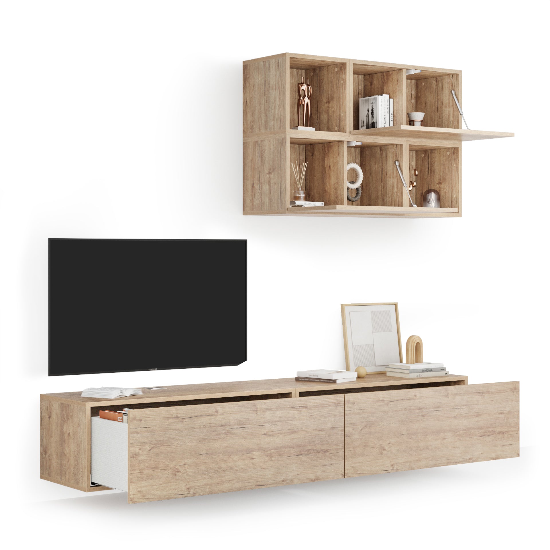 Parete Soggiorno Easy 4, Quercia, 208x44x185 cm - Immagine dettaglio 1