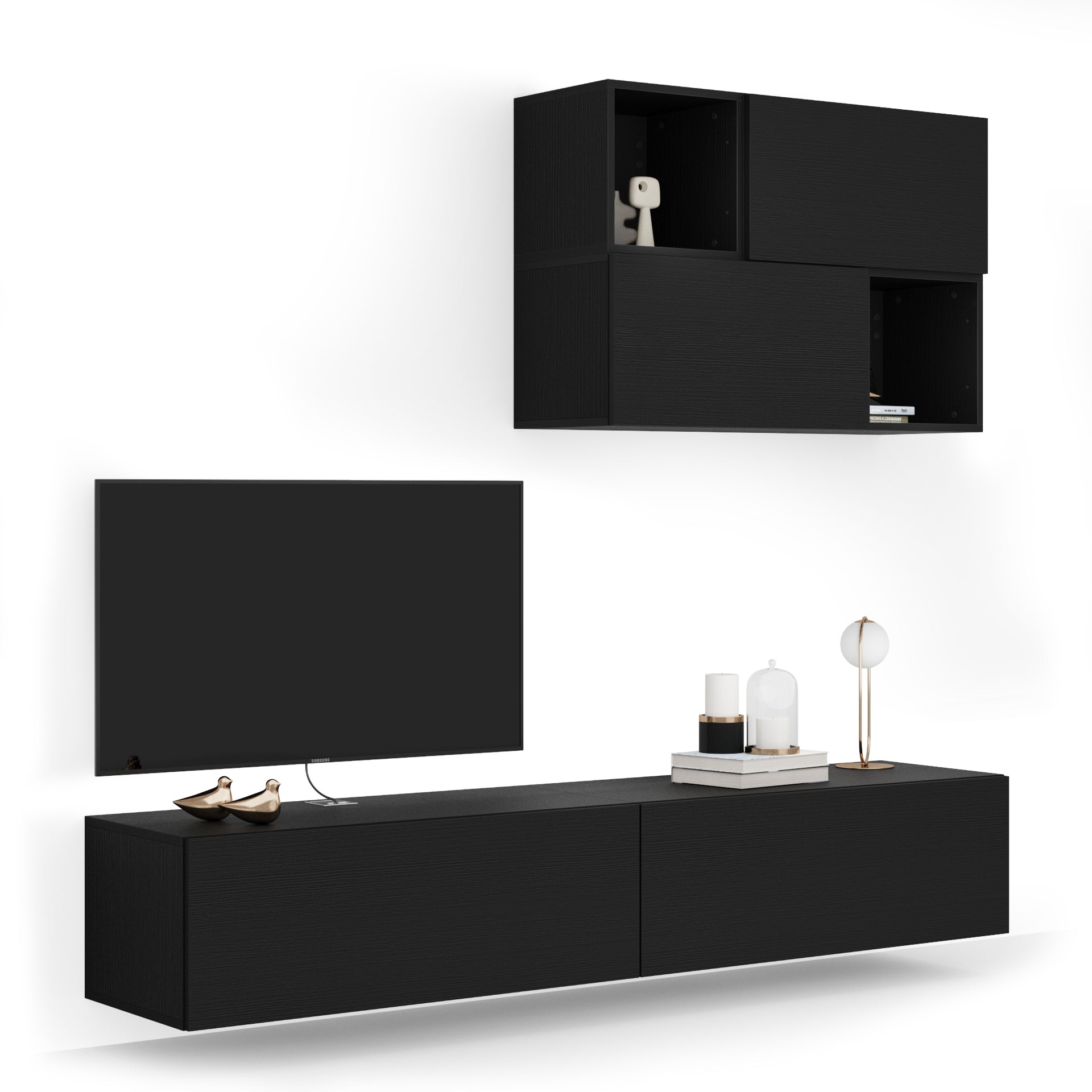 Parete Soggiorno Easy 4, Nero Frassino, 208x44x185 cm