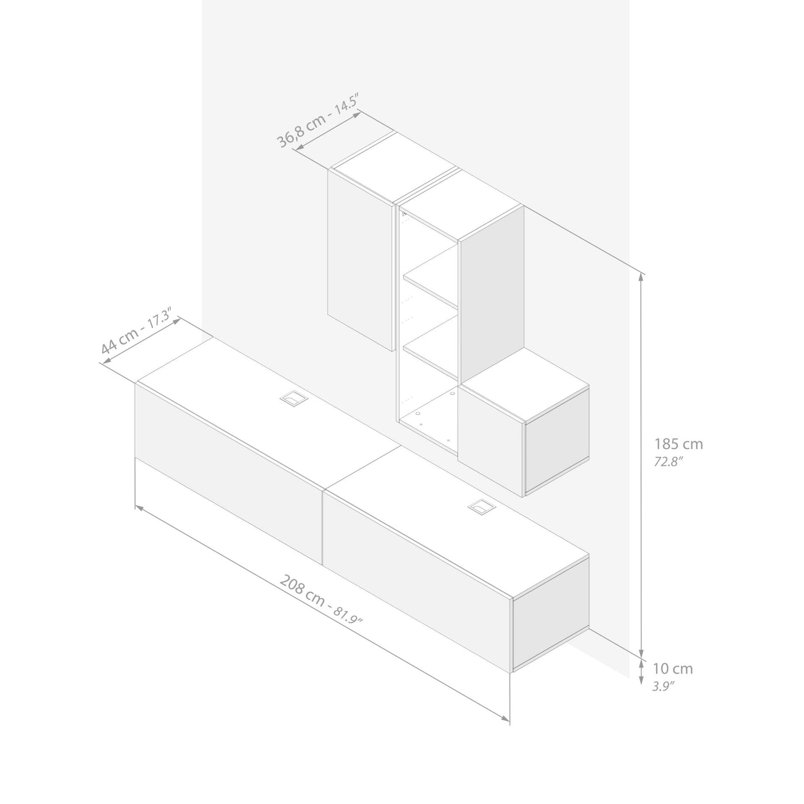 Ensemble Mural Easy 5, Frêne Blanc, 208x44x185 cm - Immagine tecnica 1