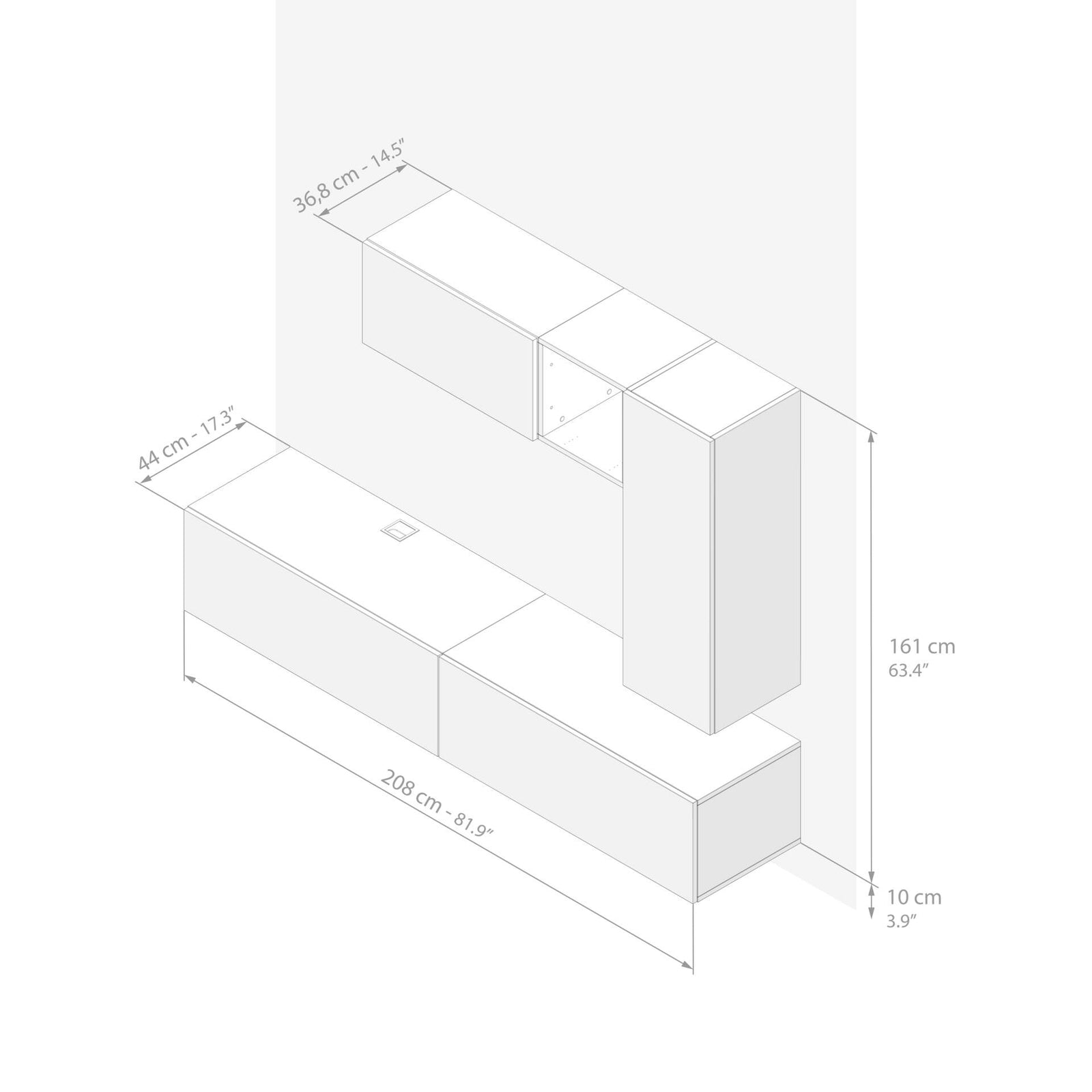 Wohnzimmerwand Easy 6, Rustikale Eiche, 208x44x160 cm - Immagine tecnica 1