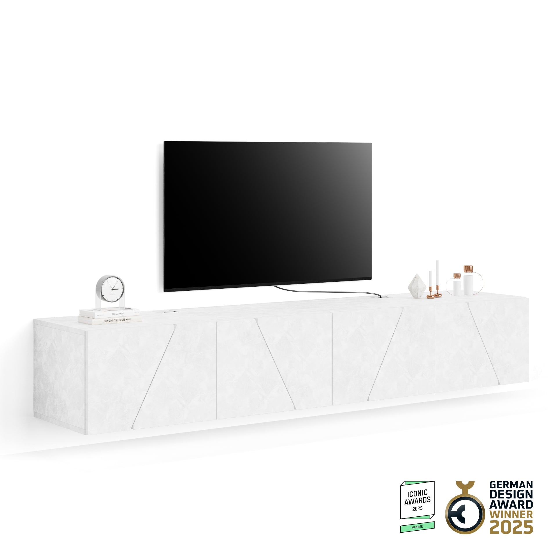 Parede de Tv Emma 1, cimento branco, 208x44x36 cm - Main image