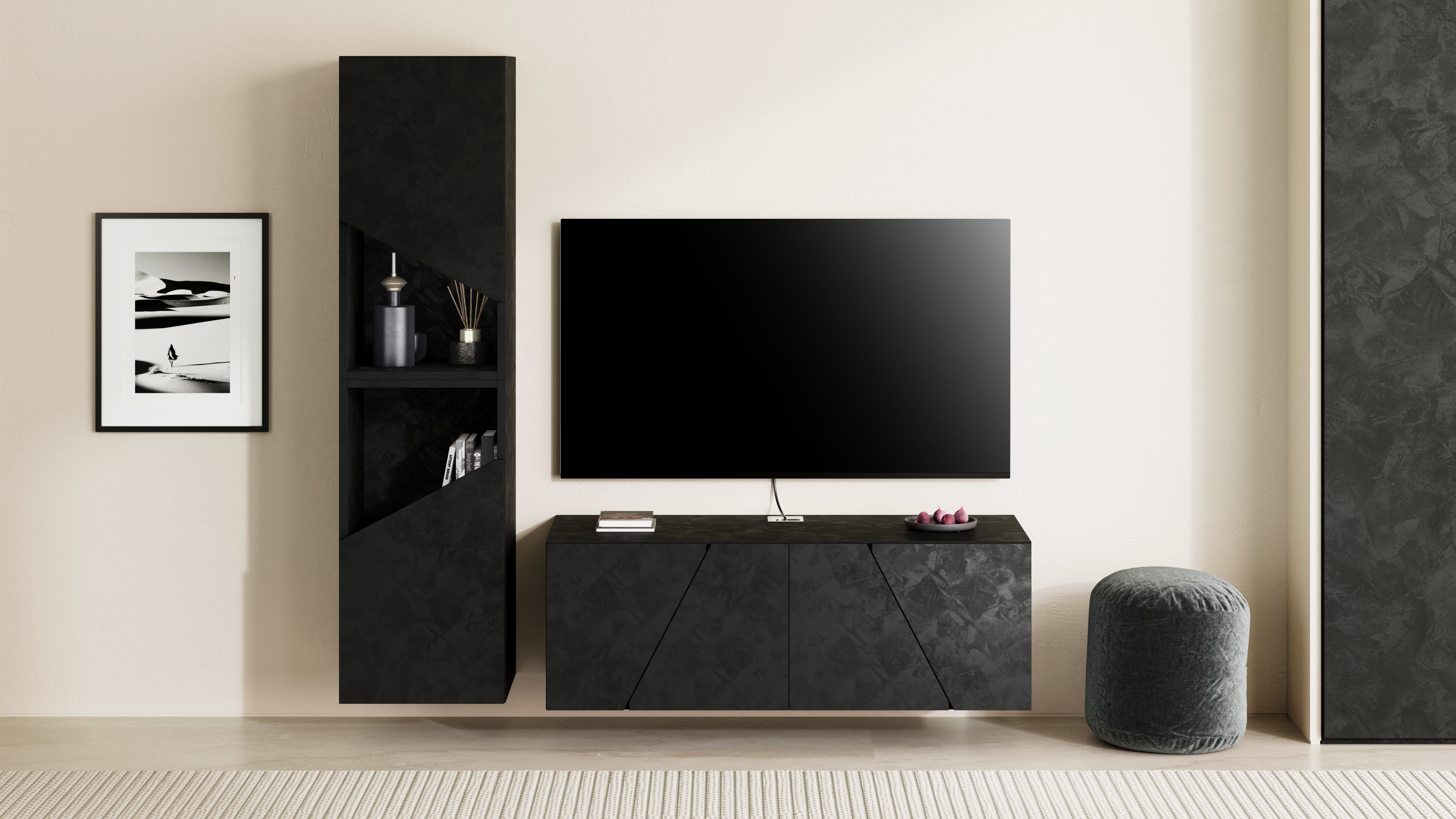 Parede de Tv Emma 2, cimento preto, 150x44x139 cm - Set image 1